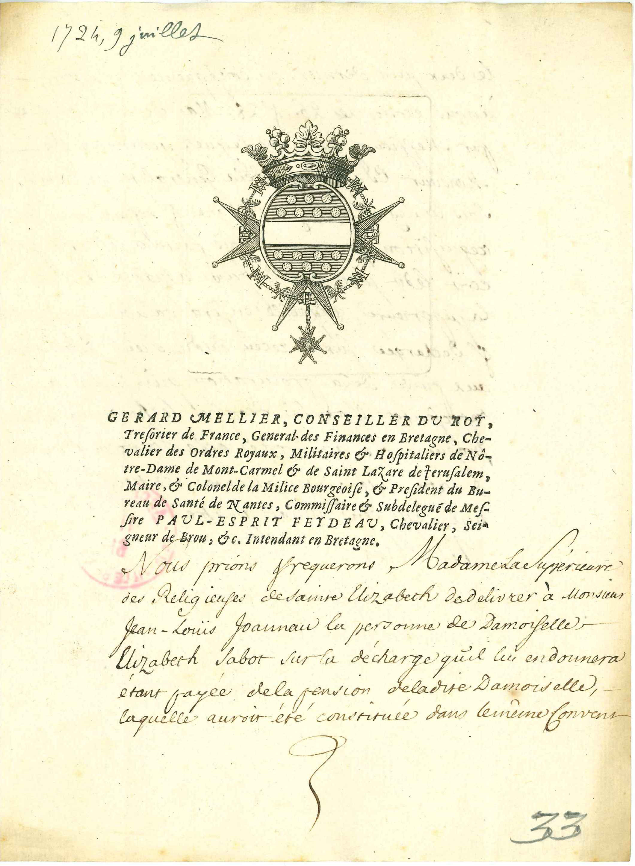 Lettre du maire de Nantes demandant aux religieuses de laisser sortir la jeune fille Sabot, 9 juillet 1724 (II61/33, recto)
