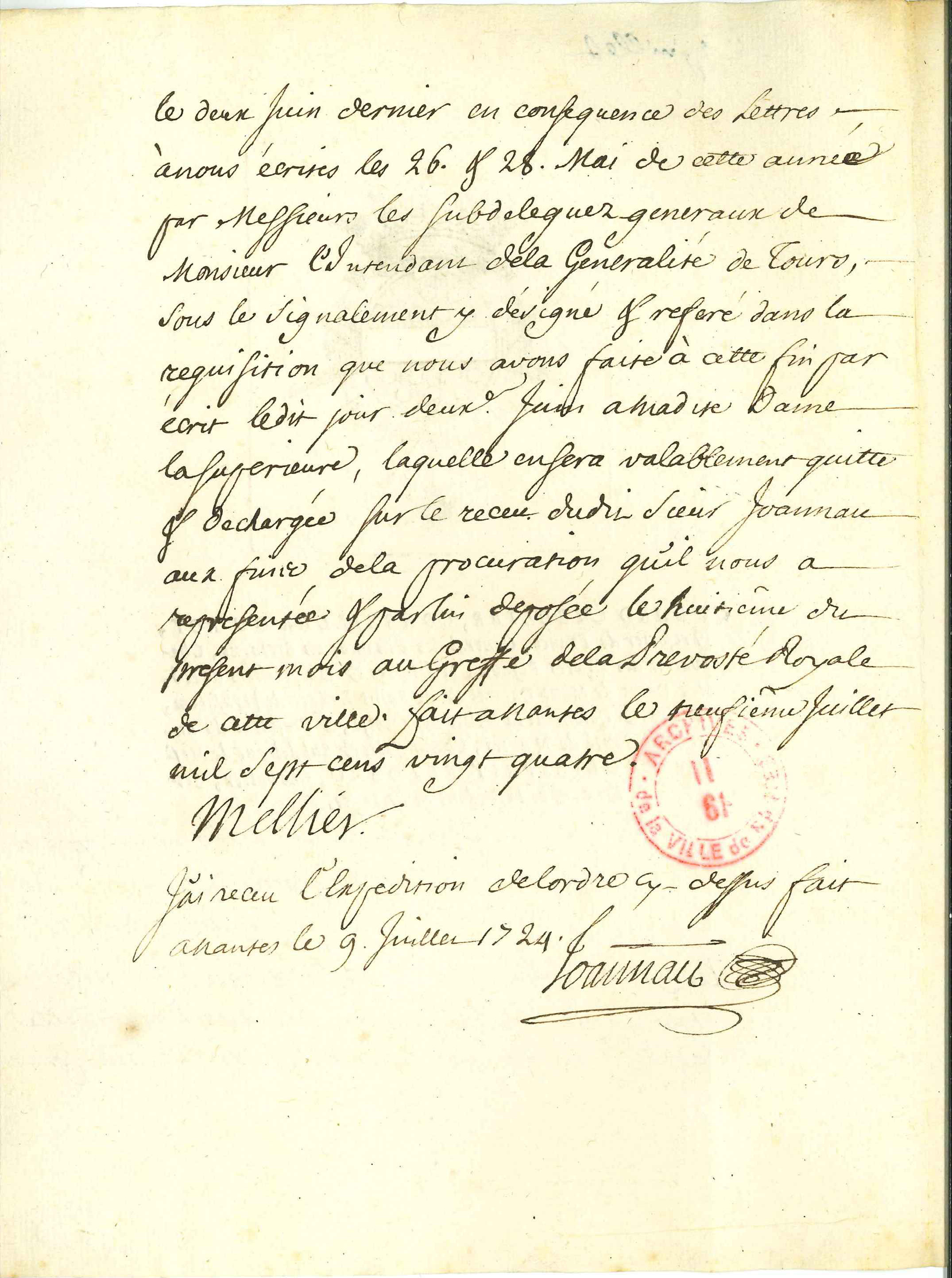 Lettre du maire de Nantes demandant aux religieuses de laisser sortir la jeune fille Sabot, 9 juillet 1724 (II61/33, verso)