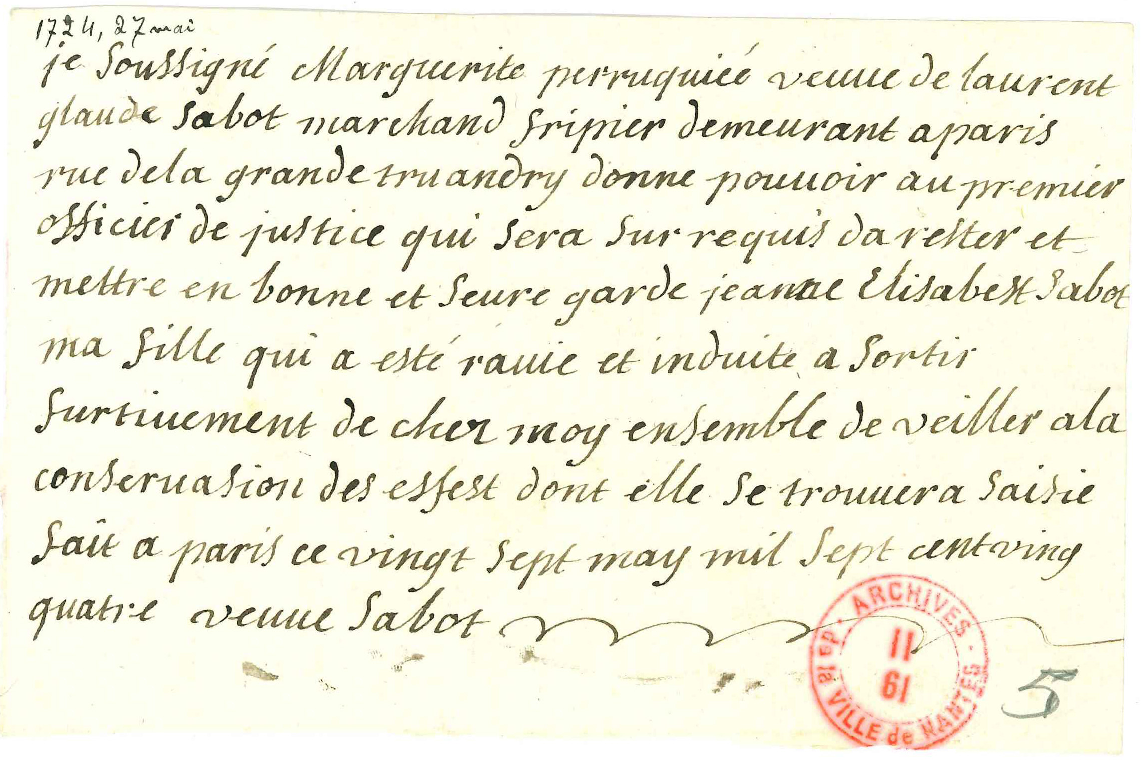 Lettre de la mère d'Élisabeth Sabot, 27 mai 1724 (II61/5)