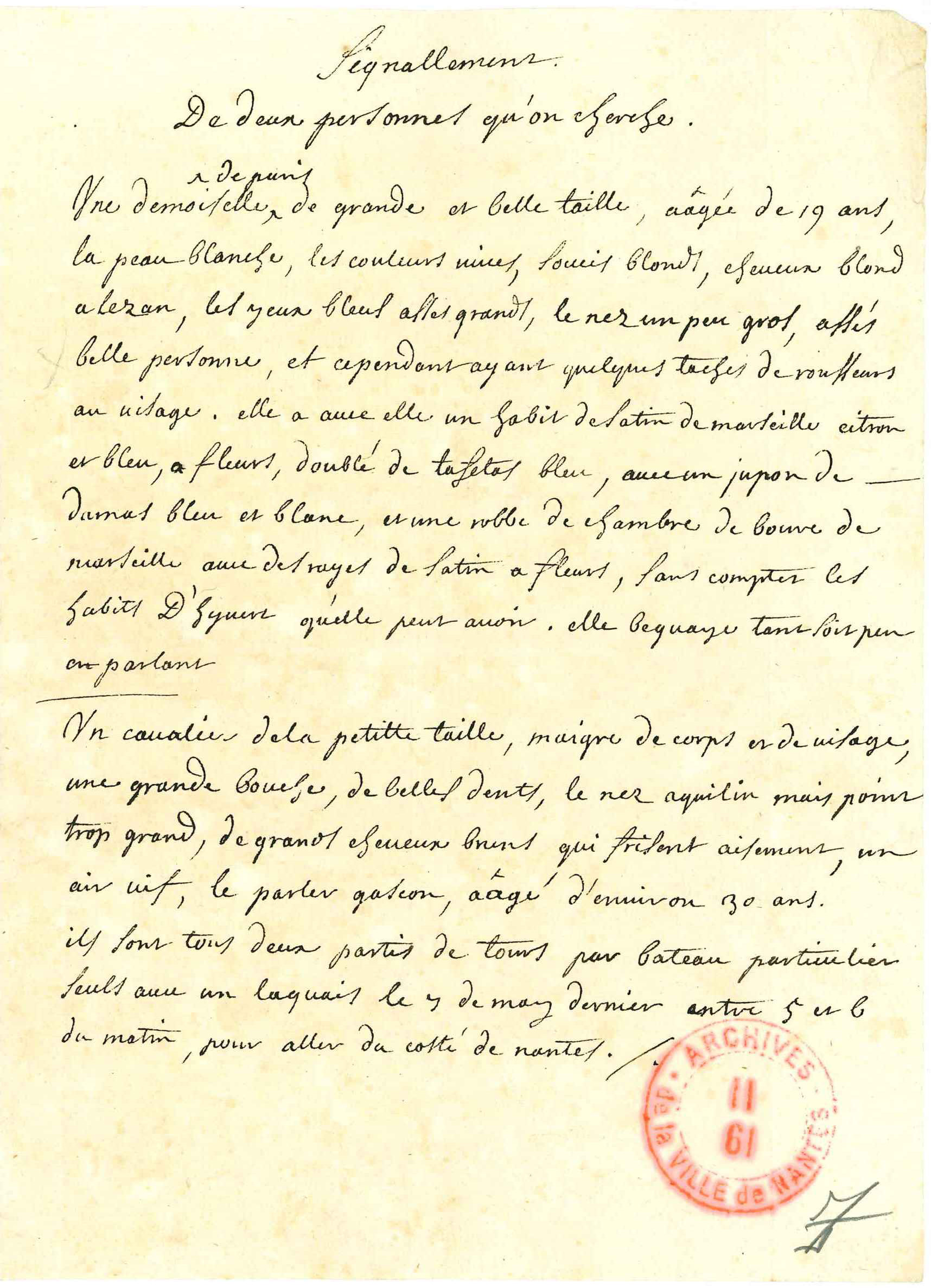 Signalement d'Élisabeth Sabot et de l'homme qui l'accompagne (II61/7)