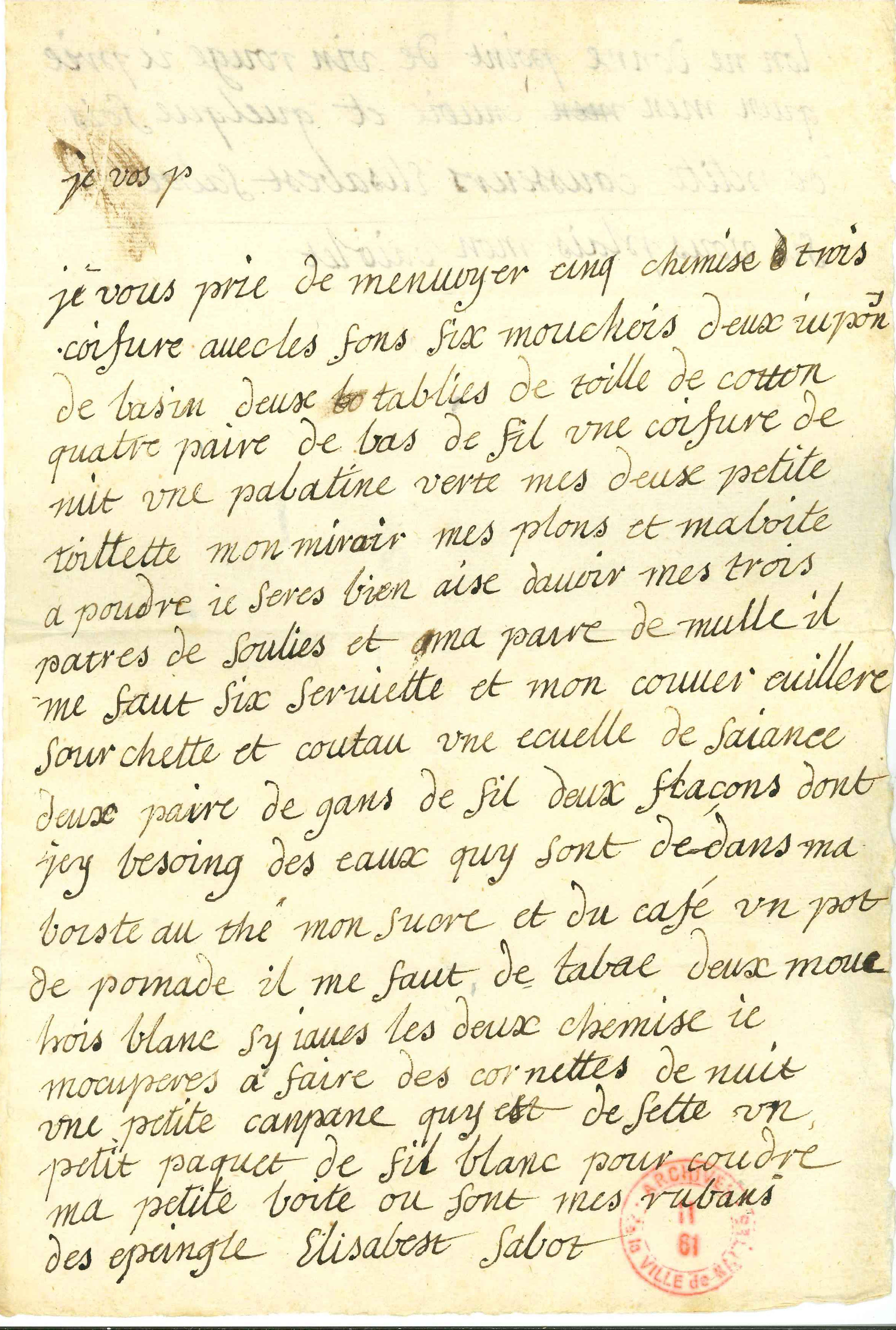 Brouillon d'une lettre envoyée par Élisabeth Sabot depuis le couvent (II61, recto)