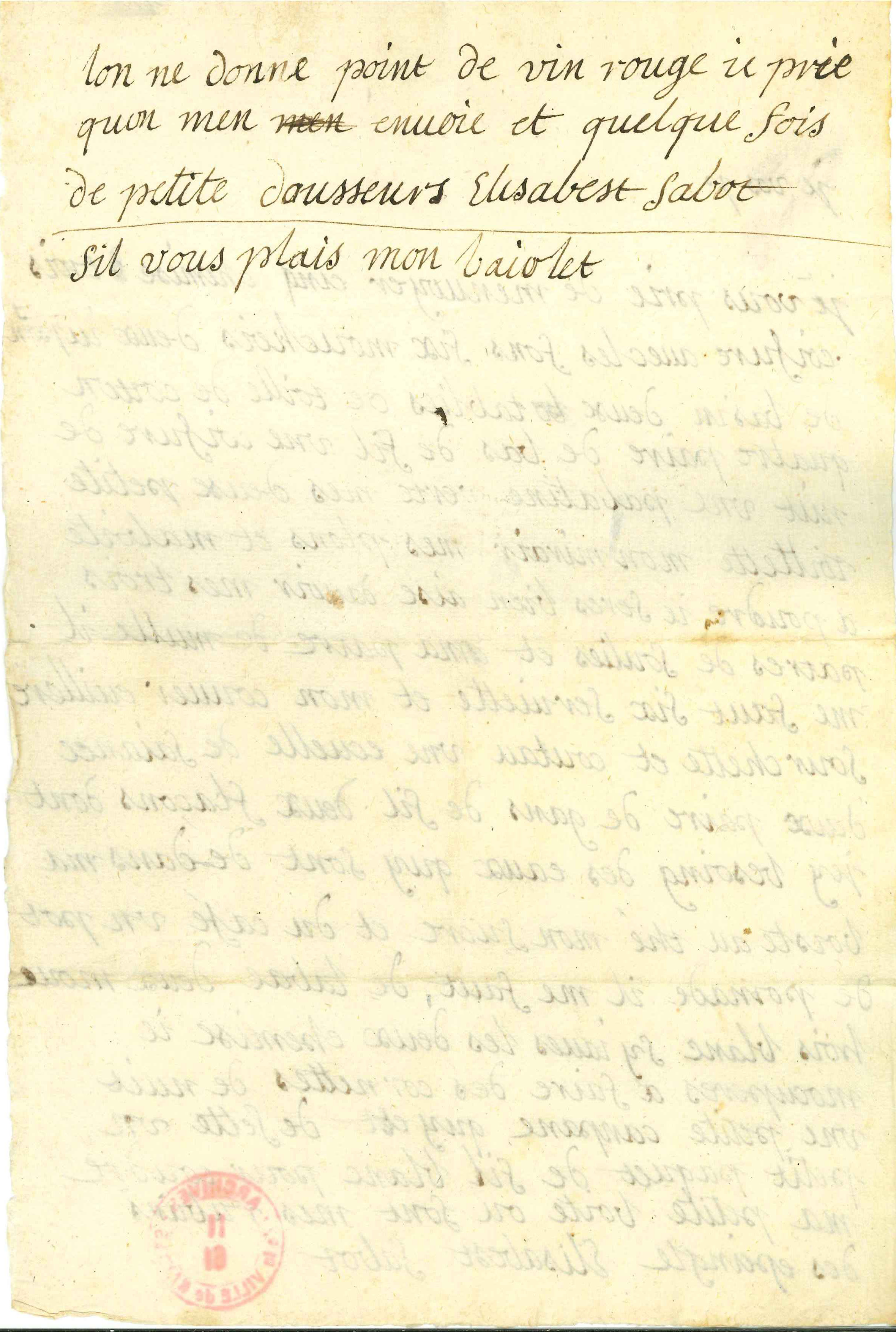 Brouillon d'une lettre envoyée par Élisabeth Sabot depuis le couvent (II61, recto)