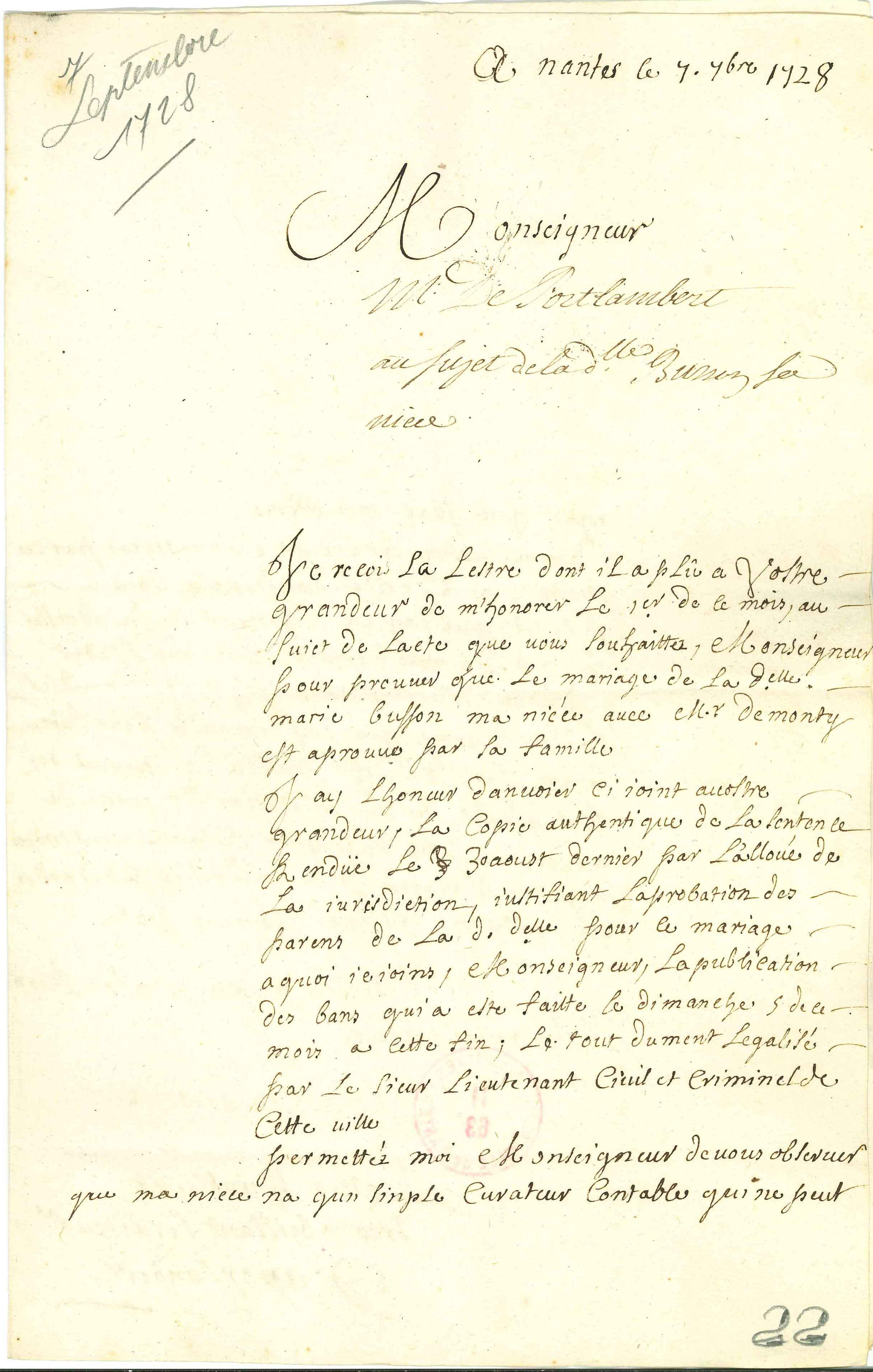 Courrier de l'oncle de Marie de Busson demandant sa sortie, 1728 (II63/22, recto)