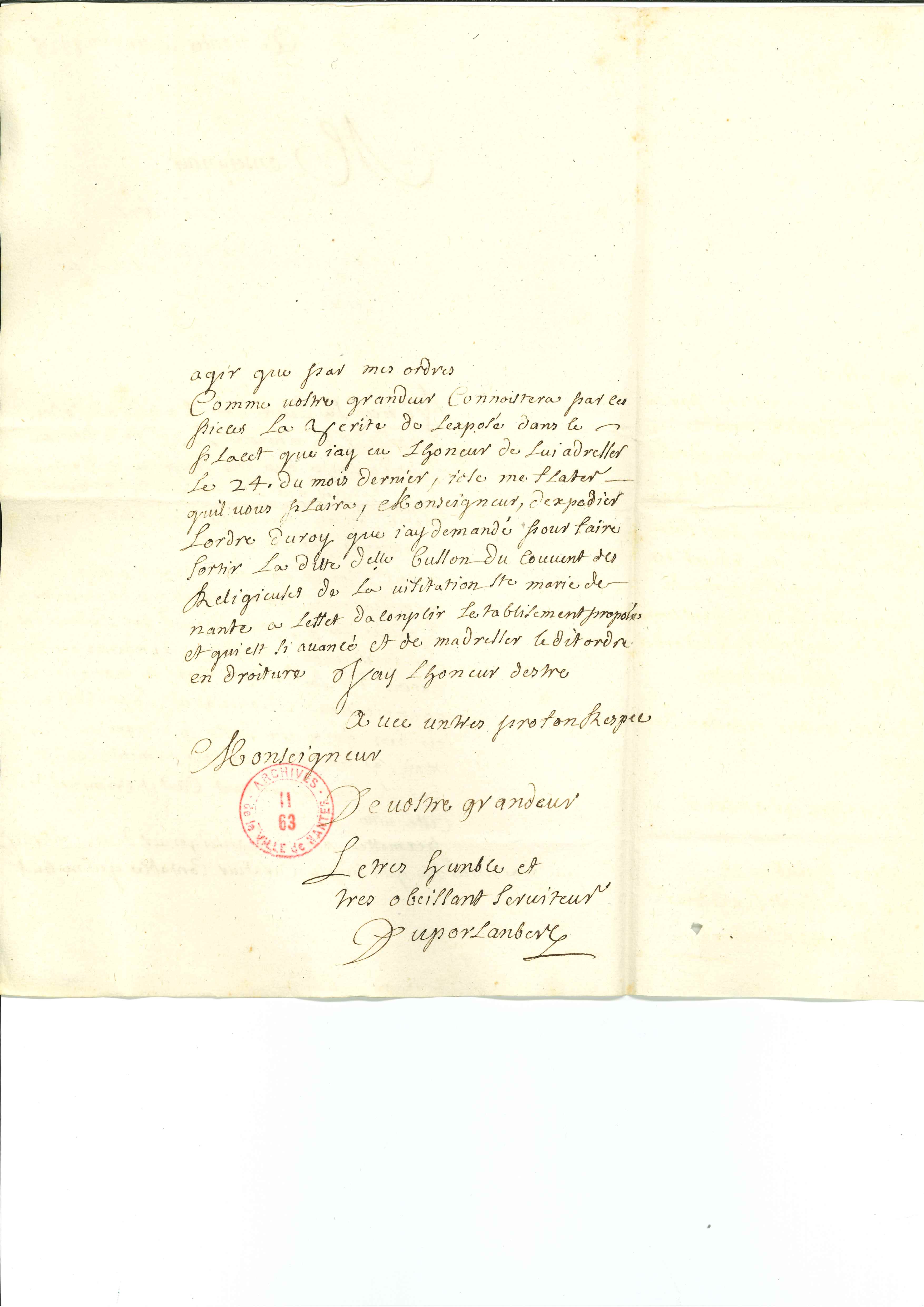 Courrier de l'oncle de Marie de Busson demandant sa sortie, 1728 (II63/22, verso)