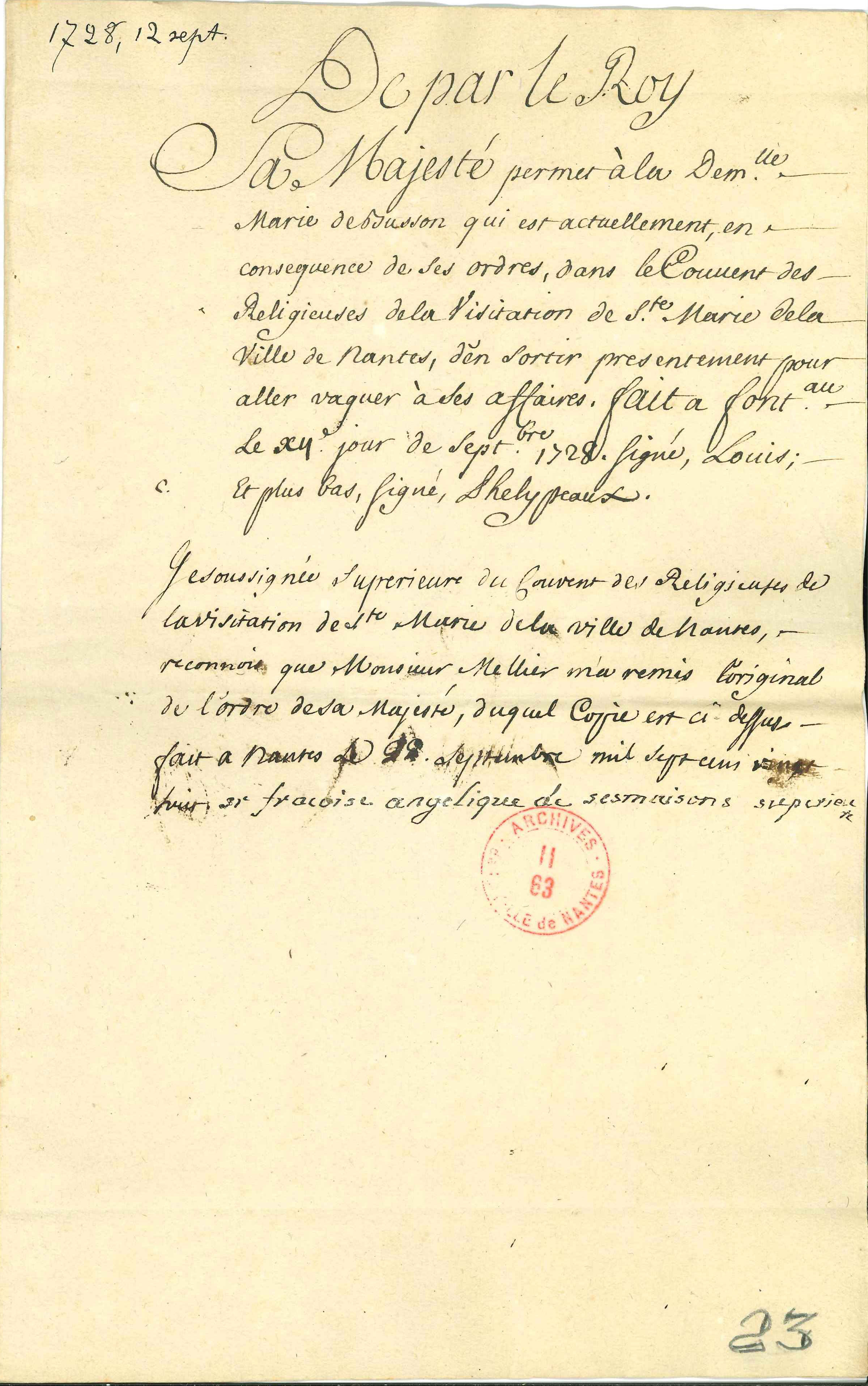 Ordre du roi de laisser sortir Marie de Busson du couvent de la Visitation, 1728 (II63/23)