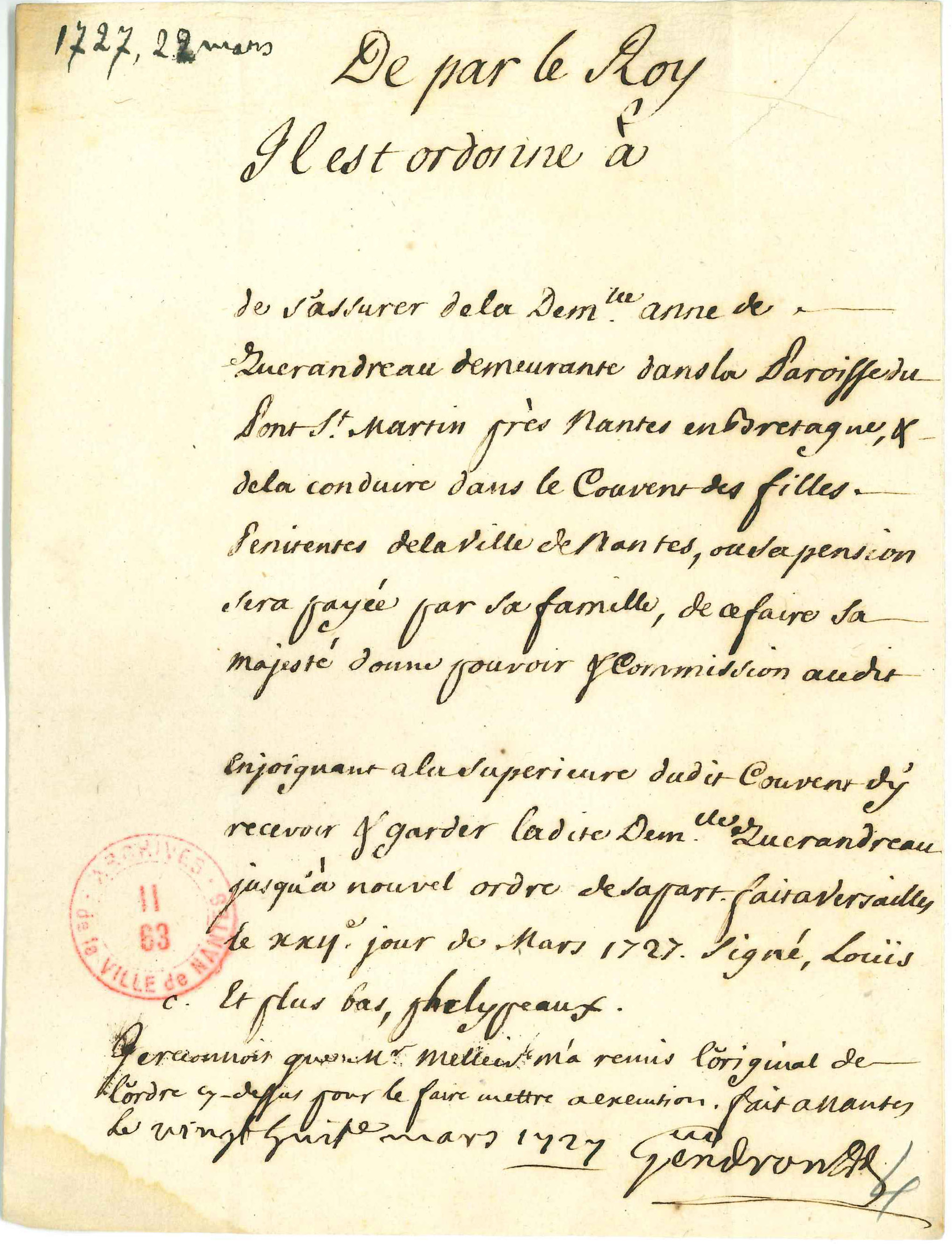 Ordre du roi d'enfermer Anne de Querandreau au couvent des filles pénitentes, 1727 (II63/4)