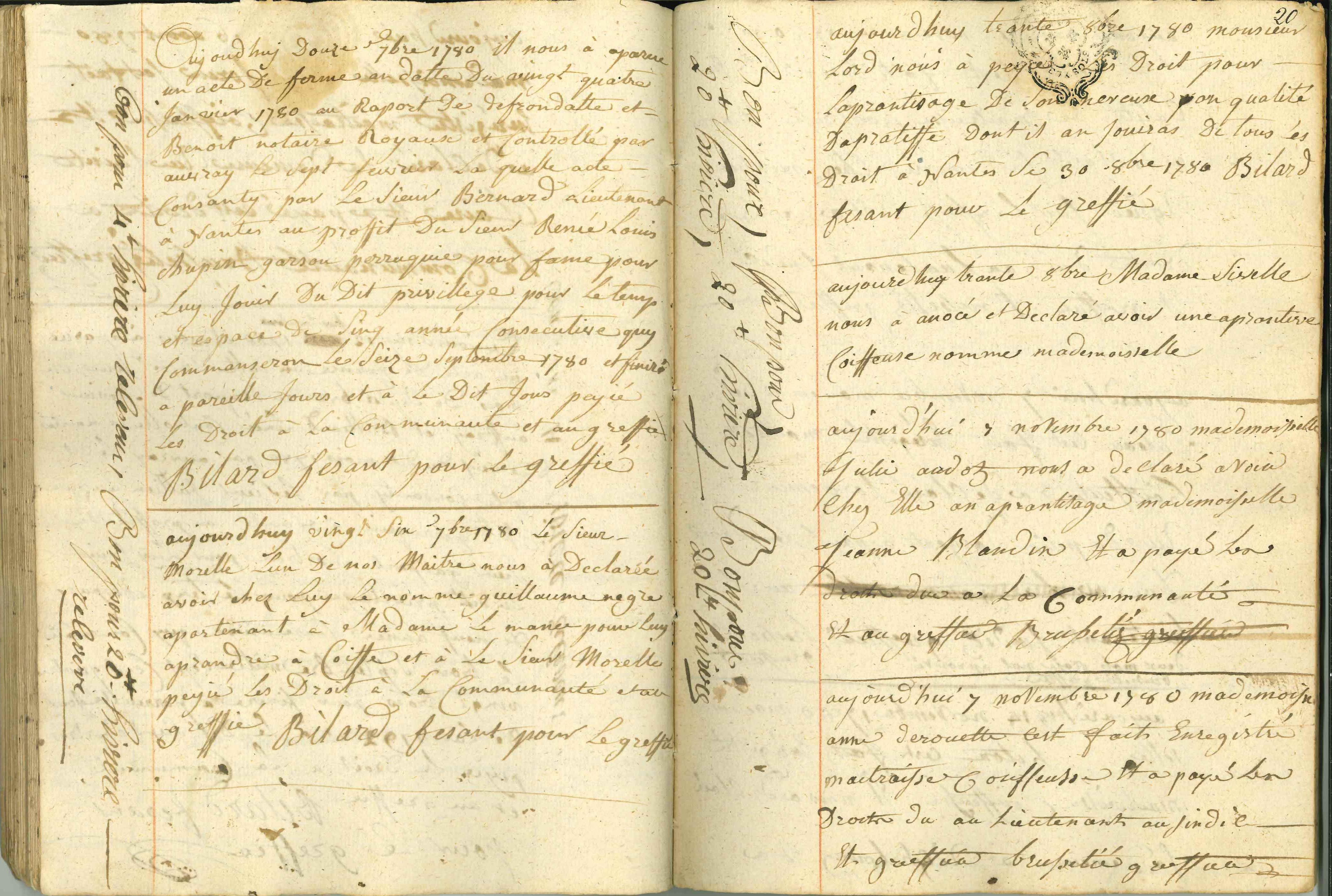 Extrait des actes de fermes des privilèges et brevets d'apprentissages de la corporation des maîtres-perruquiers, barbiers, baigneurs et étuvistes des années 1778 à 1784 (HH100, page 20)