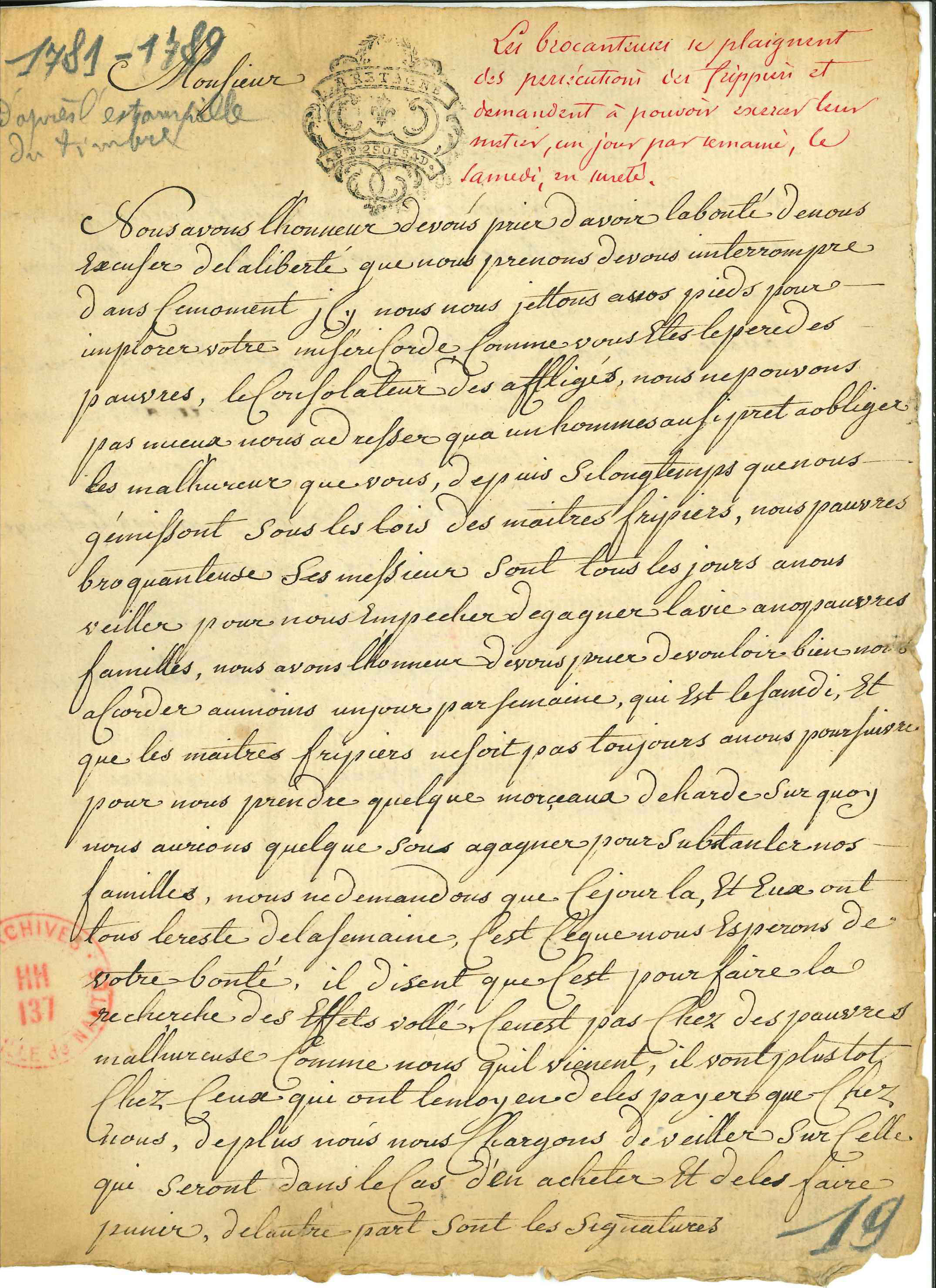 Supplique des brocanteuses de Nantes, années 1780 (HH137/19, recto)