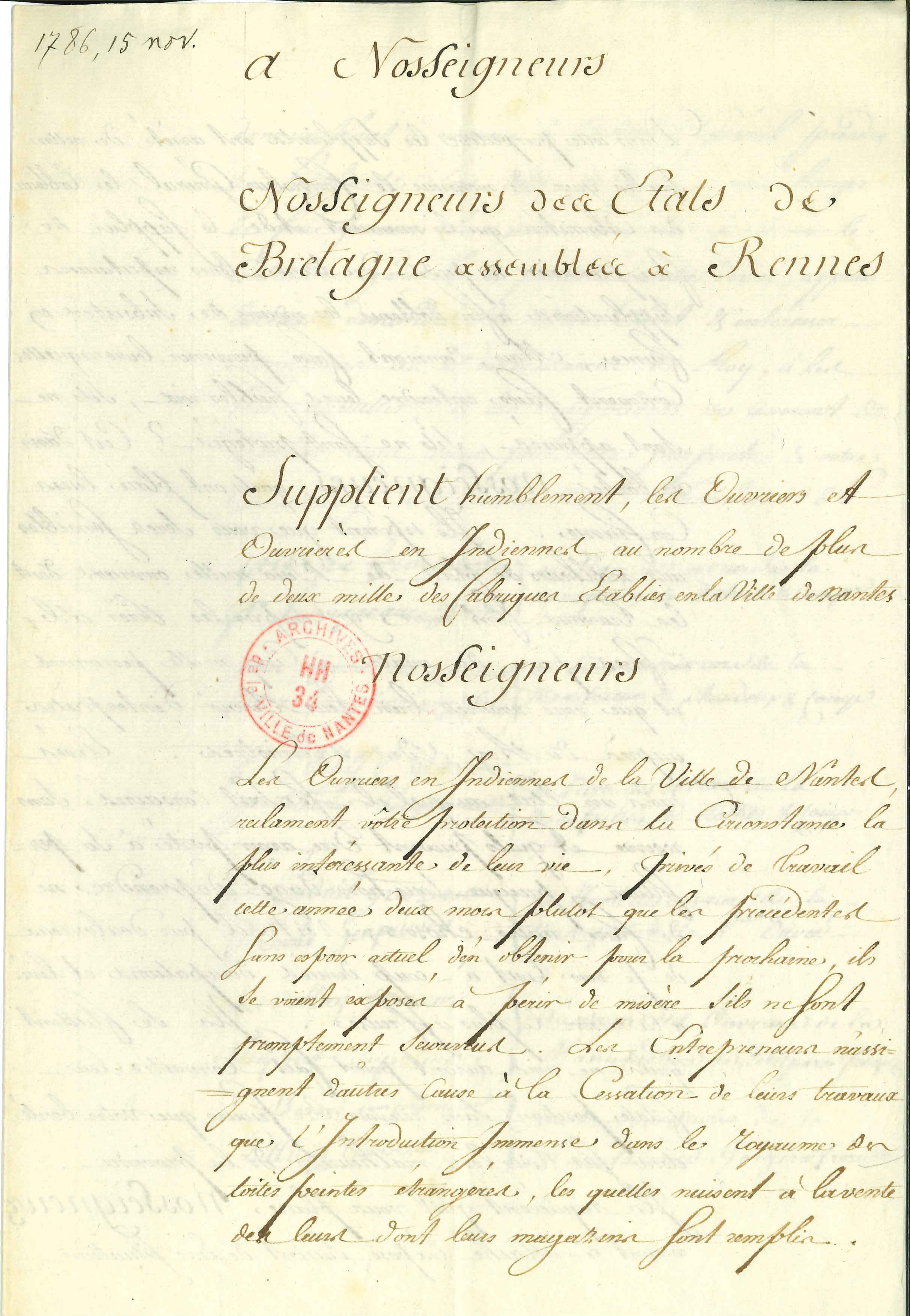 Pétition des ouvriers des manufactures d'indiennes nantaises, 1786 (HH34/10, recto)