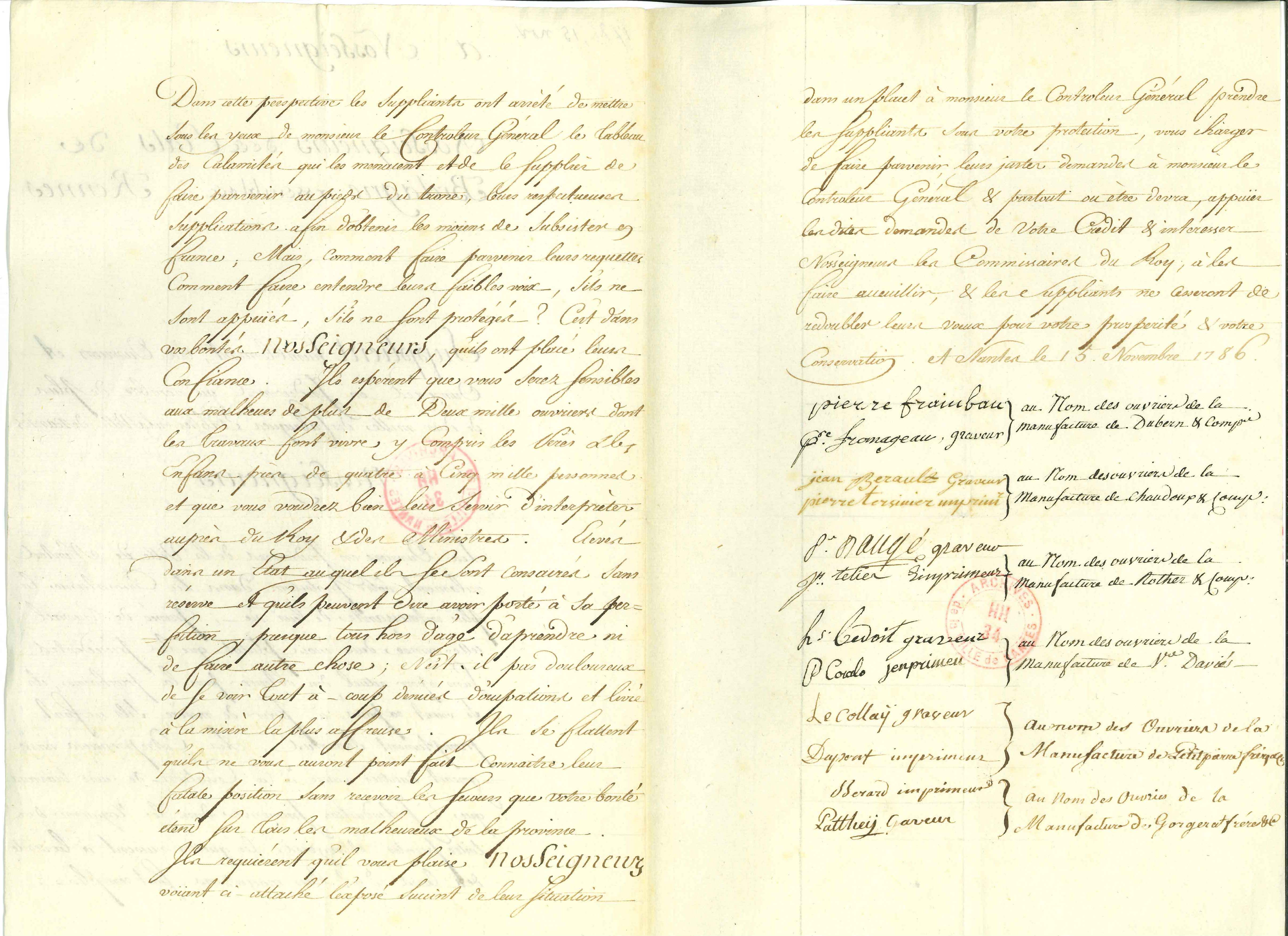 Pétition des ouvriers des manufactures d'indiennes nantaises, 1786 (HH34/10, verso)