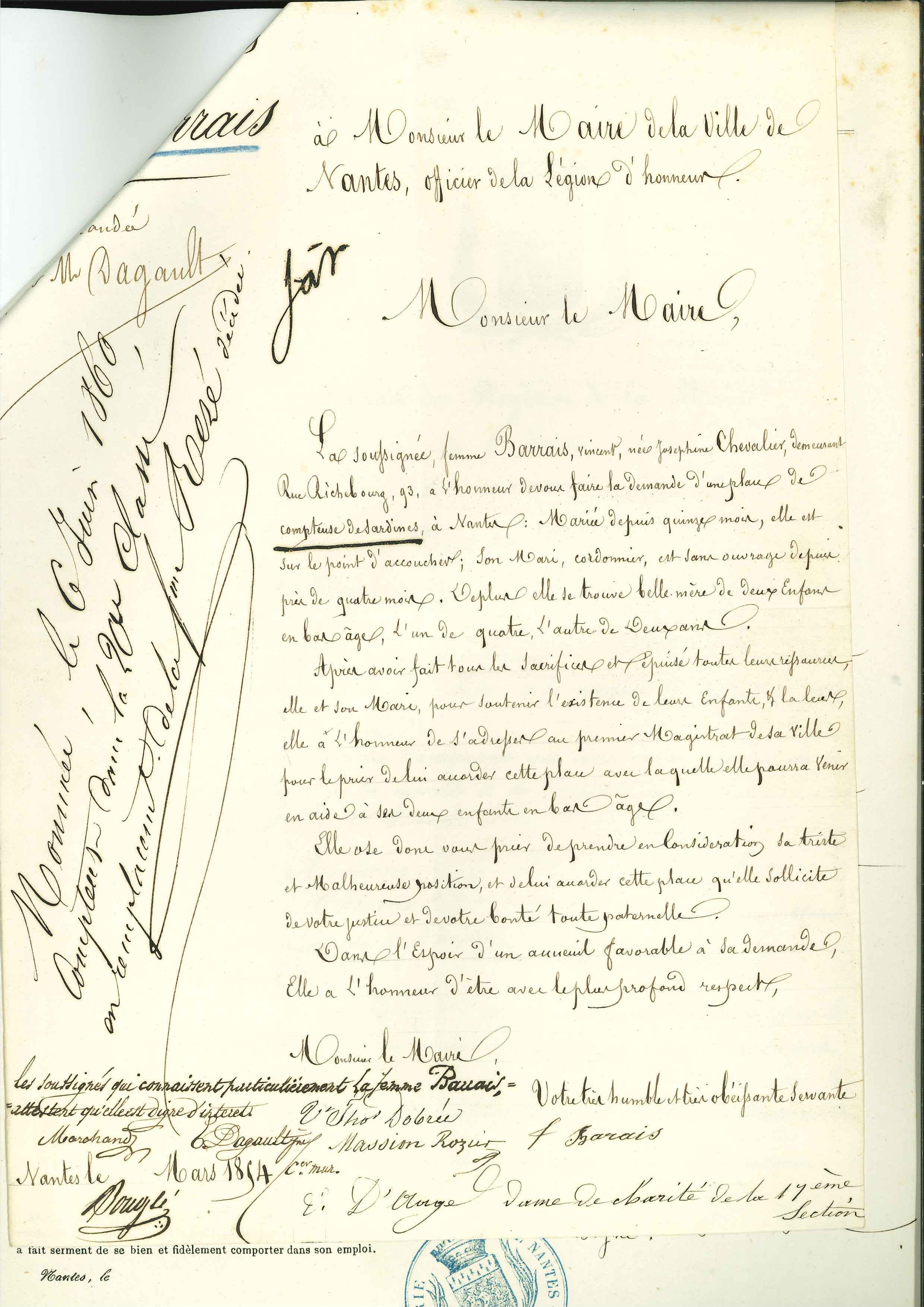 Lettre de recommandation rédigée par la femme Barrais pour le poste de compteuse de sardines, mars 1854 (K2 boîte 52)