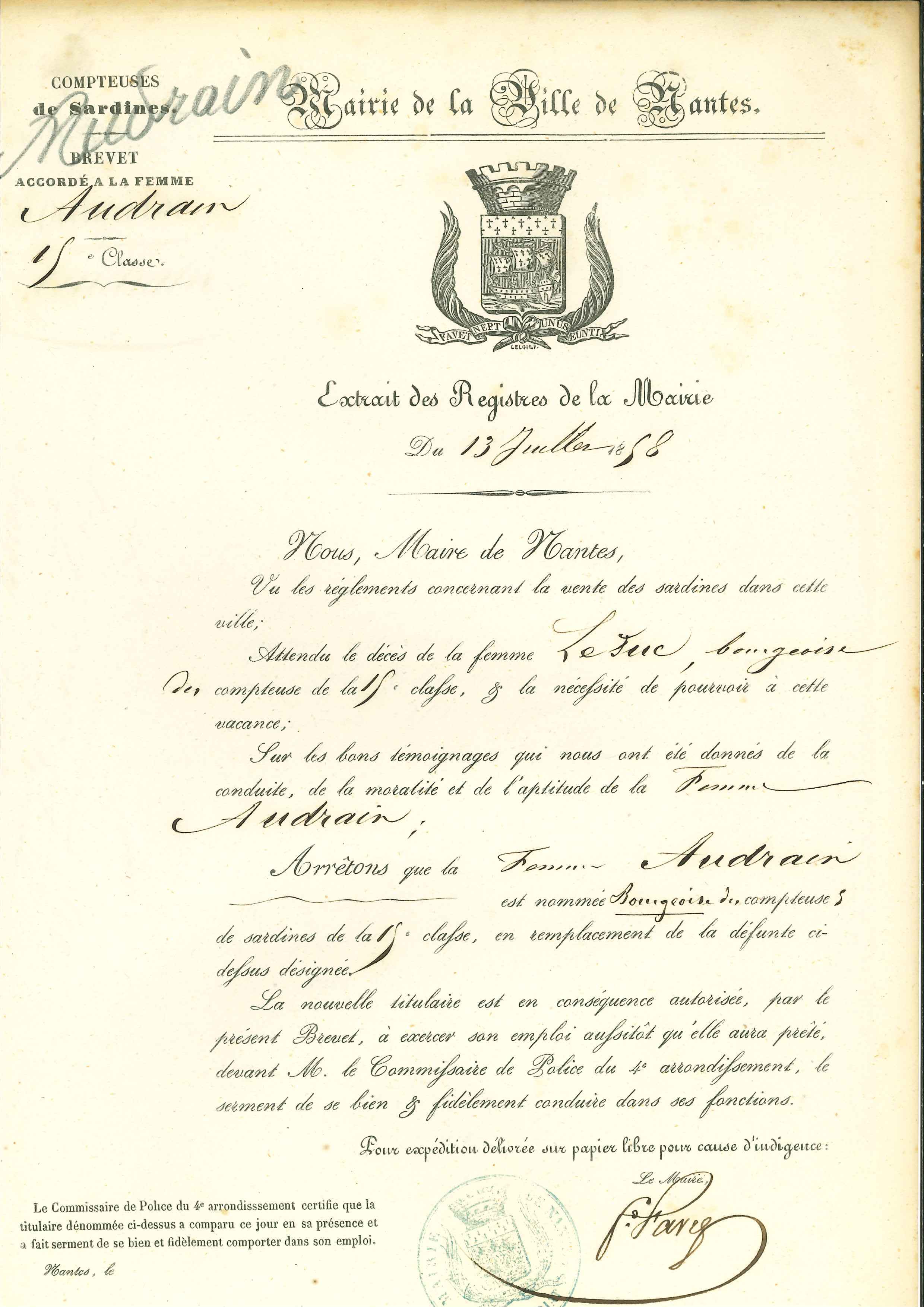 Brevet de bourgeoise des compteuses de sardines accordé à la femme Audrain par le maire de Nantes, 13 juillet 1858 (K2 boîte 52)