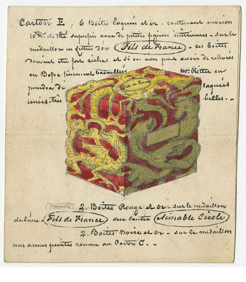 Extrait des dossiers de voyage de la maison Dobrée, avec un dessin de boîte à thé qui fait aujourd'hui partie des collections du musée Dobrée (2A127)