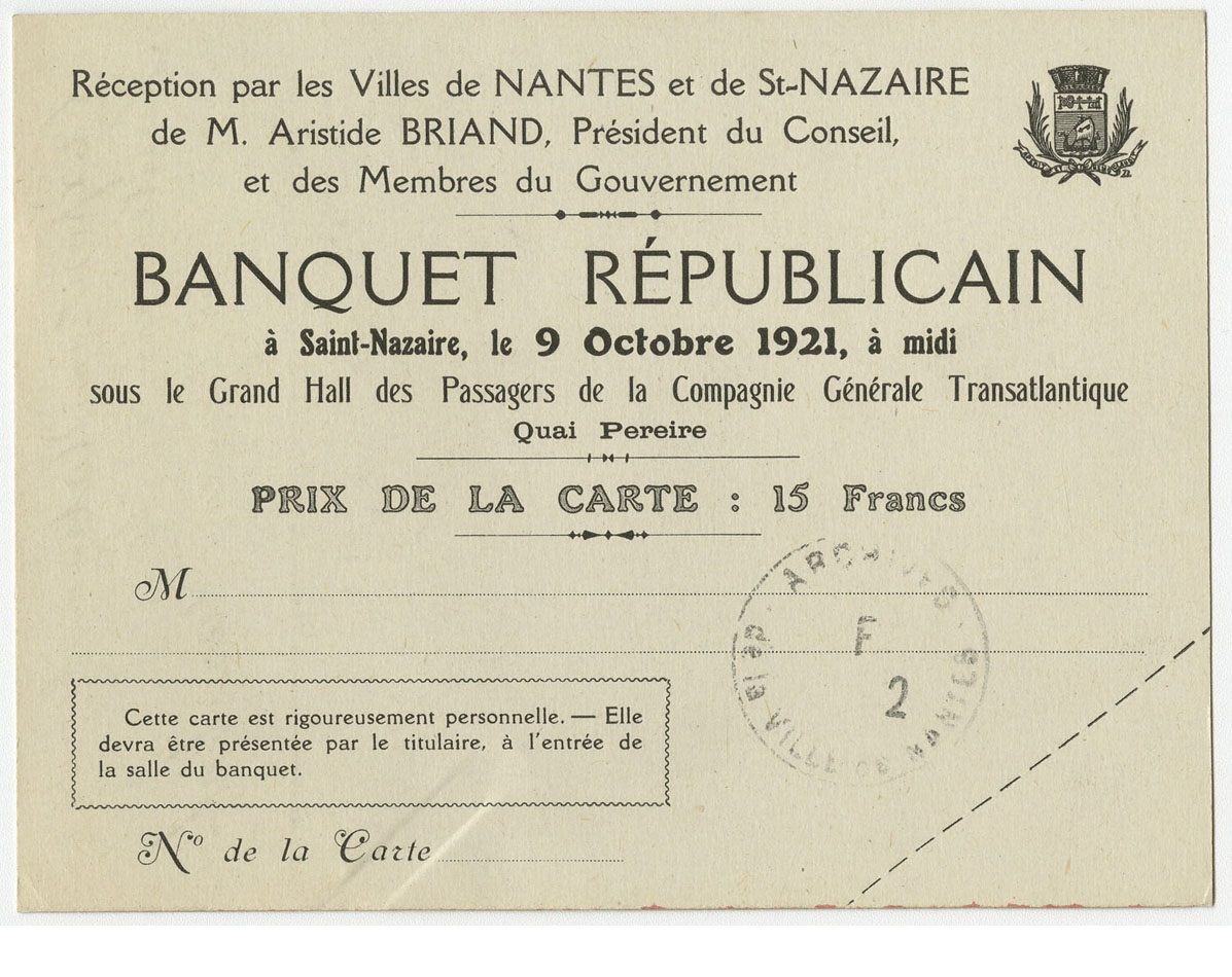 Carte de participation au banquet donné pour la venue d'Aristide Briand en 1921 (F2C15bisD5)