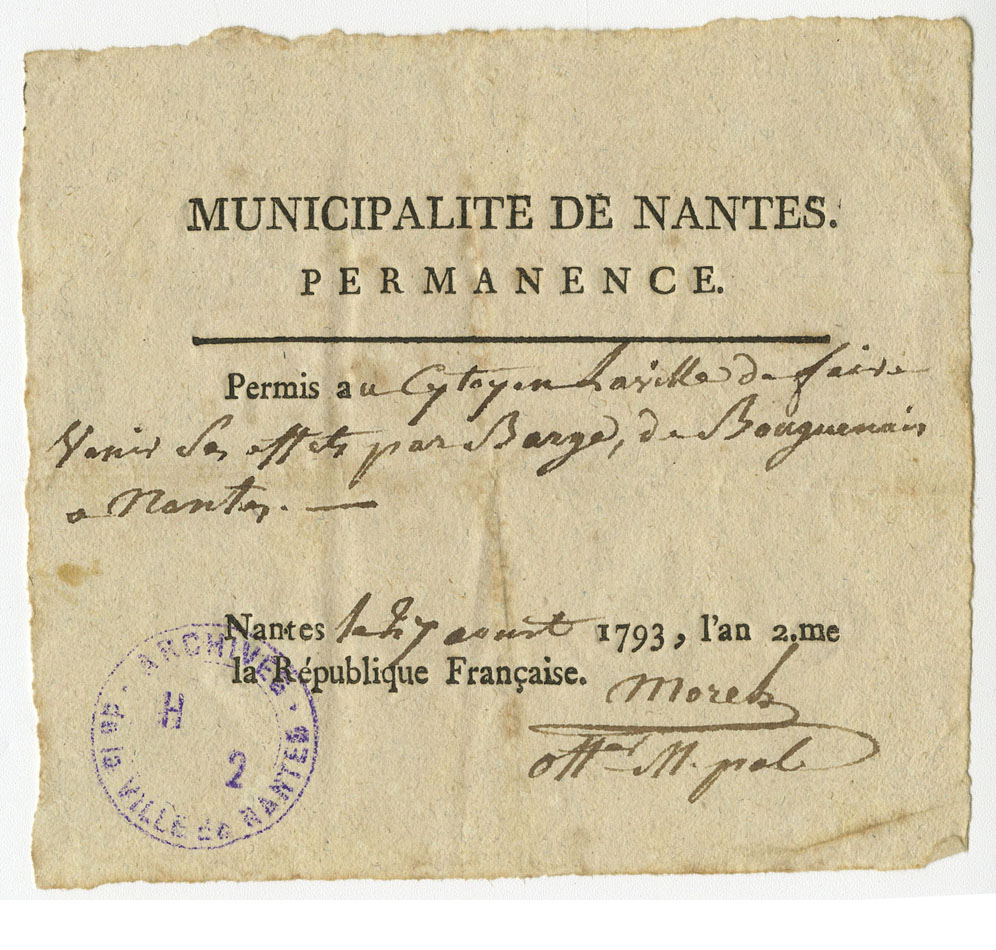 Laissez-passer accordé par la municipalité de Nantes en 1793 (H4C1)