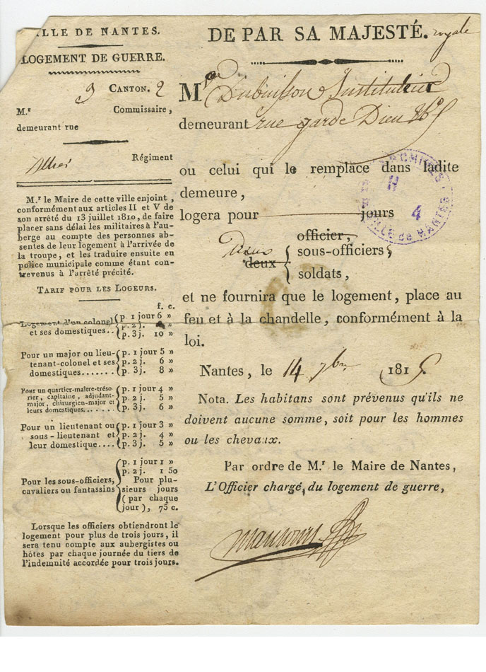Ordre de réquisition d'un logement rue Garde-Dieu, le 14 novembre 1815 (H4C2)