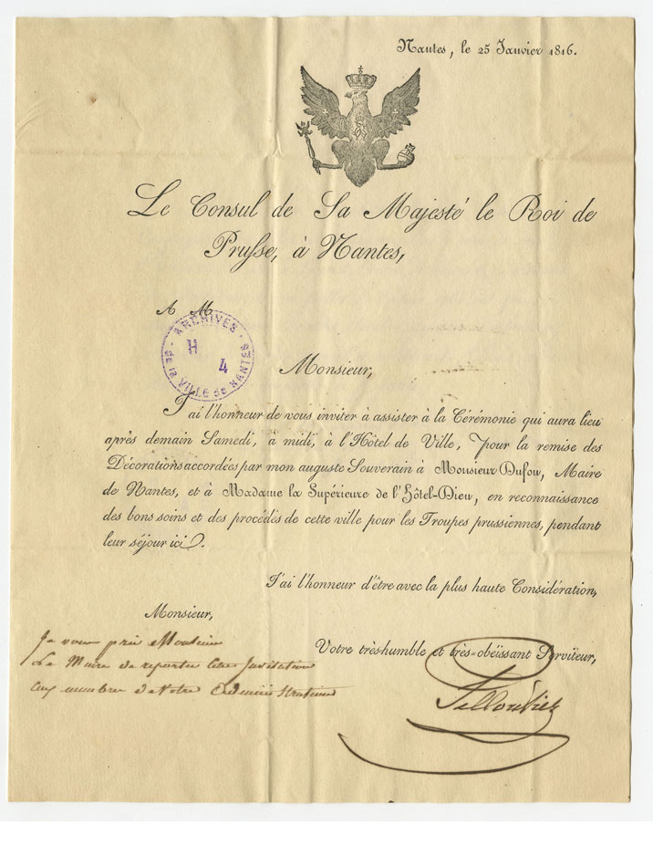 Courrier d'invitation à la réception donnée par le Consul de Prusse en remerciement de l'accueil des troupes prussiennes à Nantes, daté du 25 janvier 1916 (H4C2) 