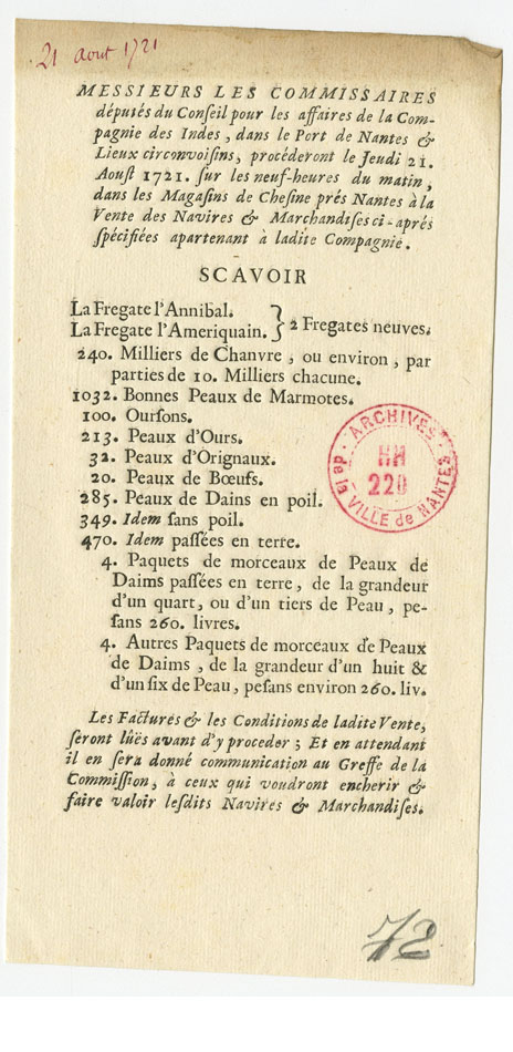 Ventes de la Compagnie des Indes, 1721 (HH220)