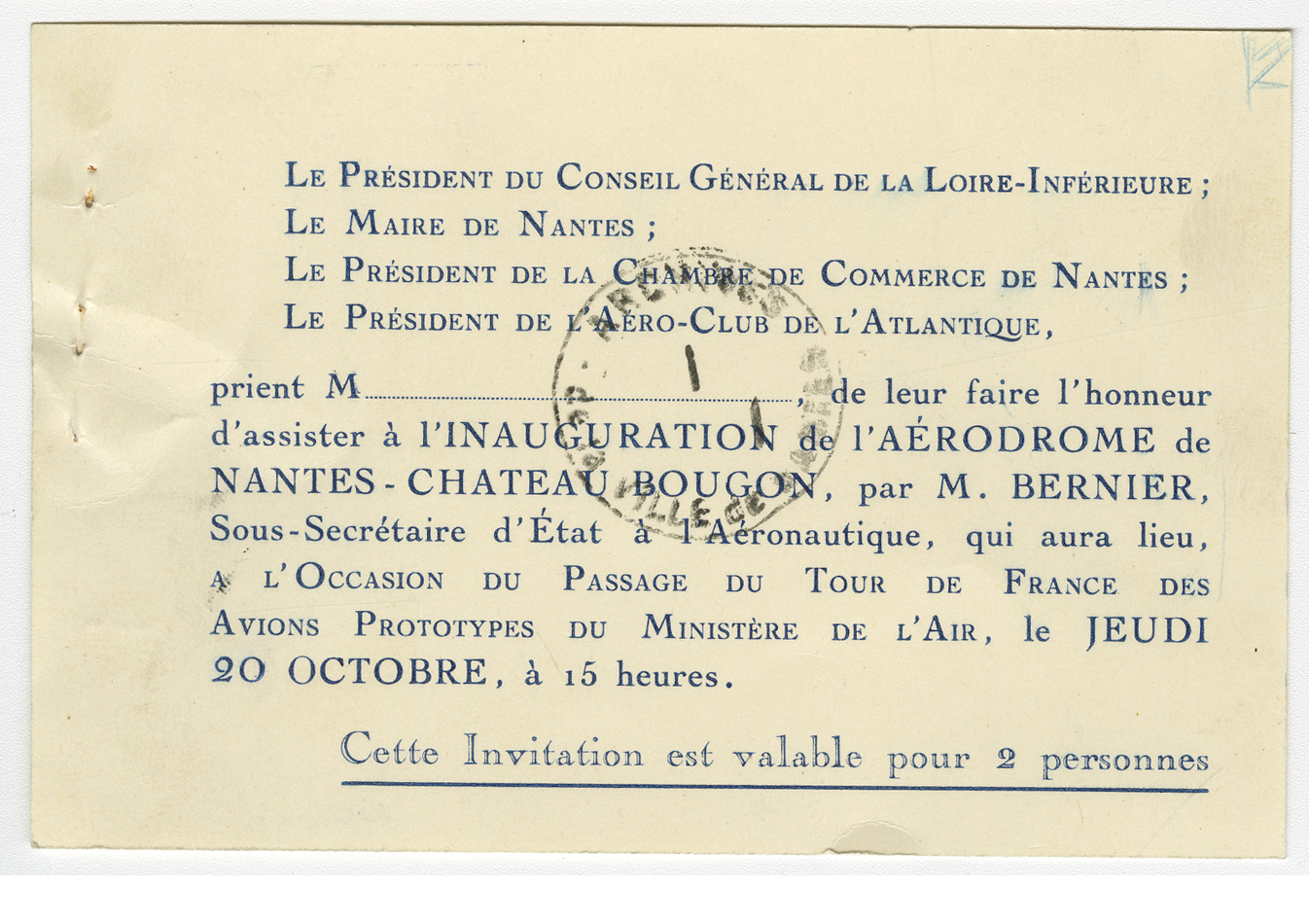 Invitation à l'inauguration de l'aérodrome de Château-Bougon en 1932 (I1C48D7)