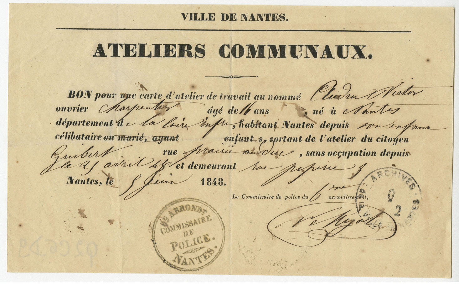 Bon permettant de travailler au sein des ateliers communaux, daté de juin 1848 (Q2C6D9)