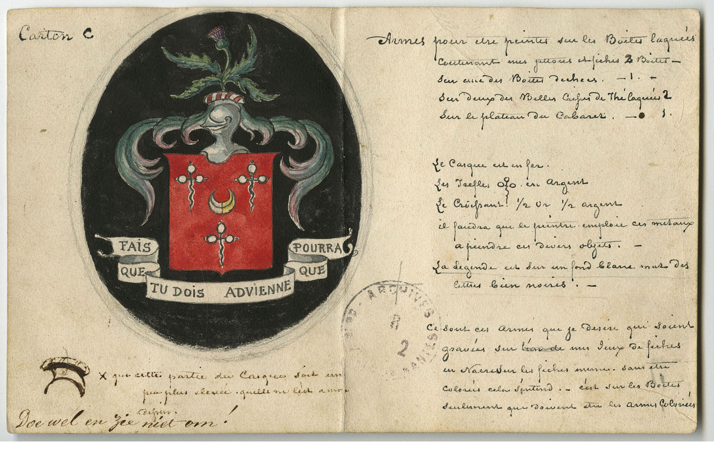 Note avec le blason des Dobrée (R2C148D3, verso)