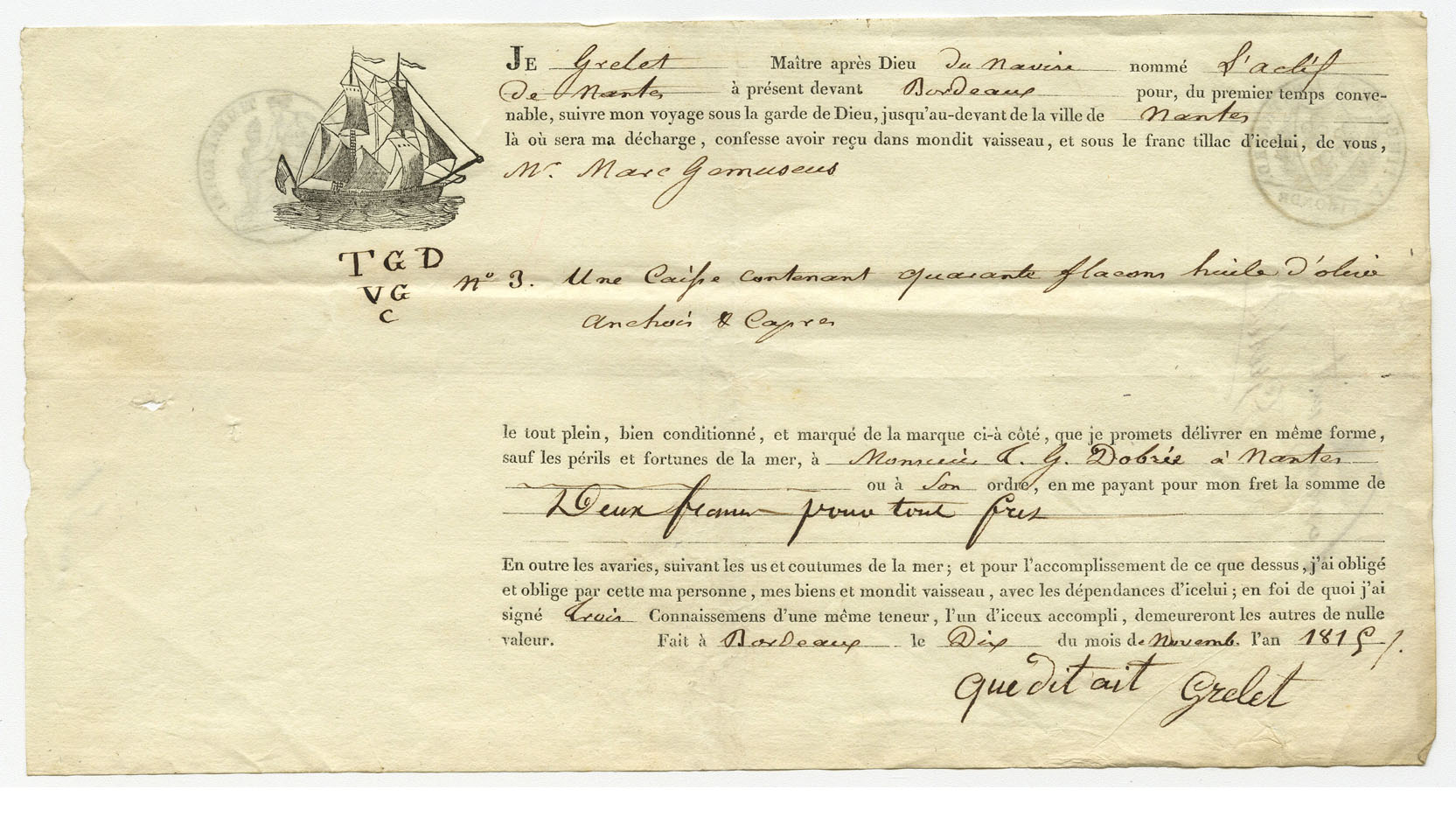Quittance de réception d'une cargaison destinée à la maison Dobrée (8Z)