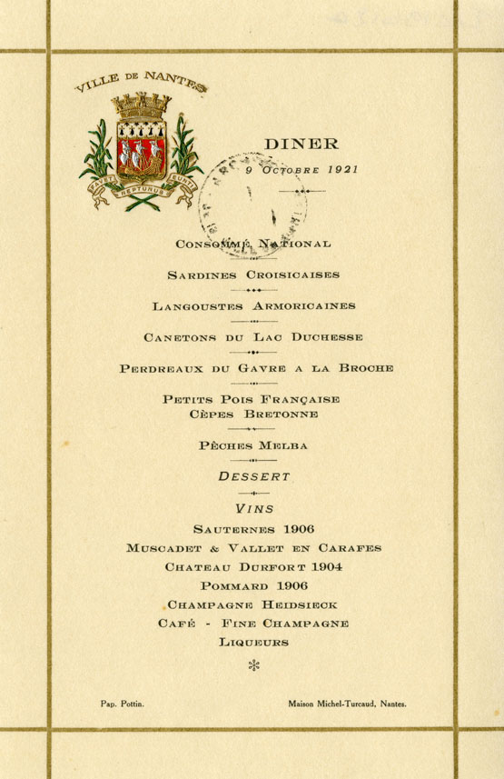 Menu du banquet offert par la Ville pour la visite d'Aristide Briand le 9 octobre (ISC19D12)