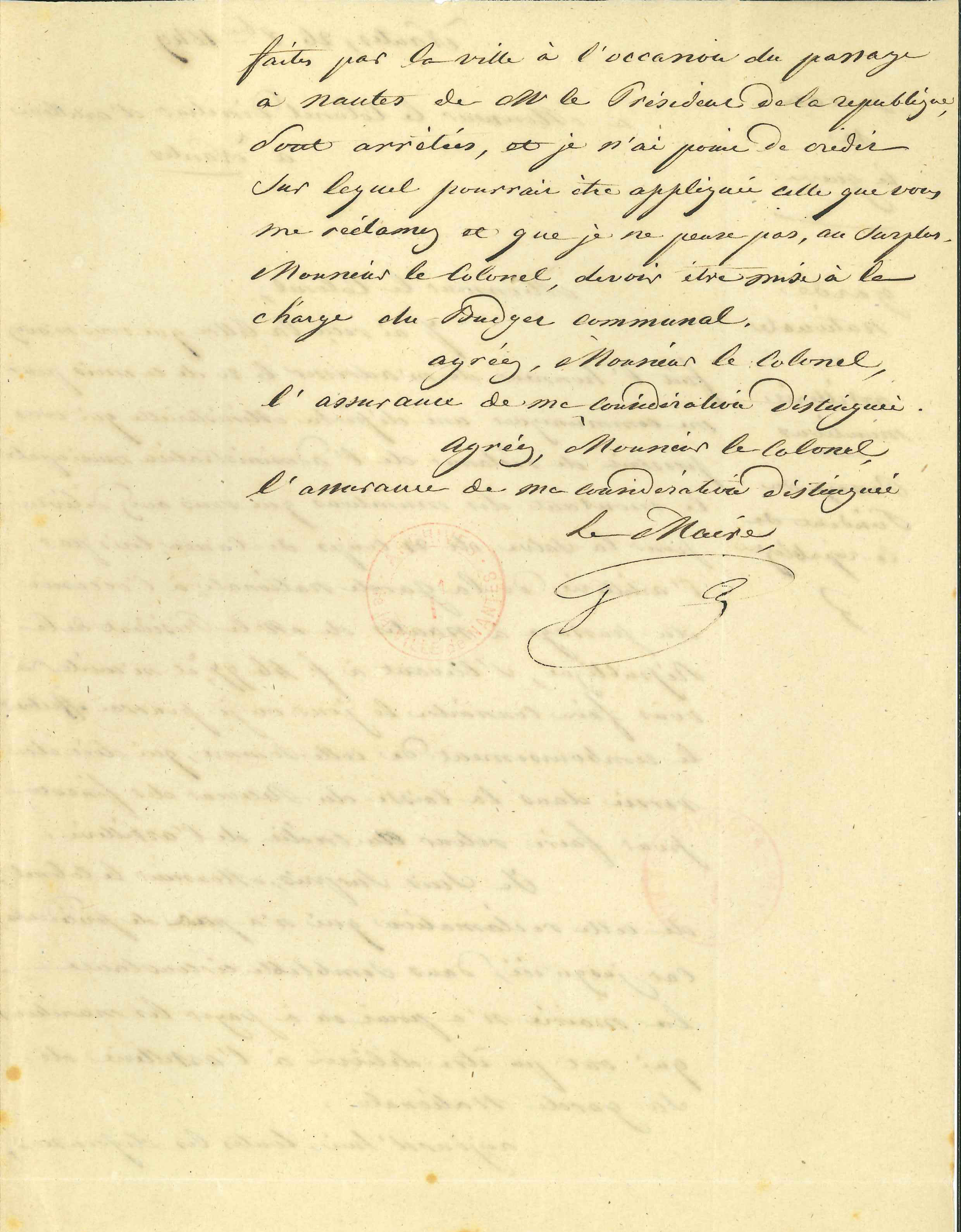 Lettre du maire de Nantes au Bureau de la guerre concernant le paiement des munitions utilisées pour tirer les 21 coups de canon à l'arrivée du président, verso (1I206)