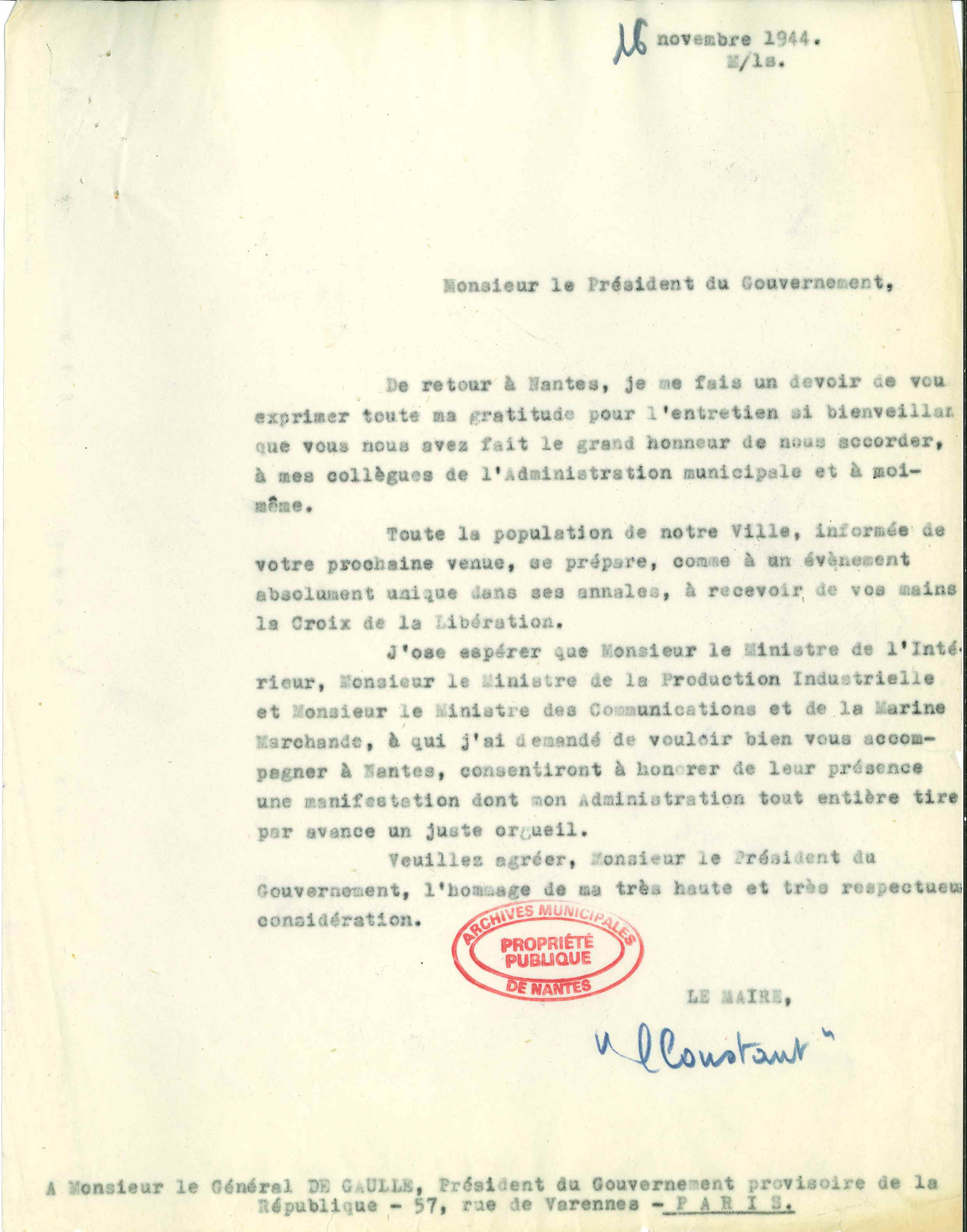 Lettre du maire de Nantes au général de Gaulle (1134W14)