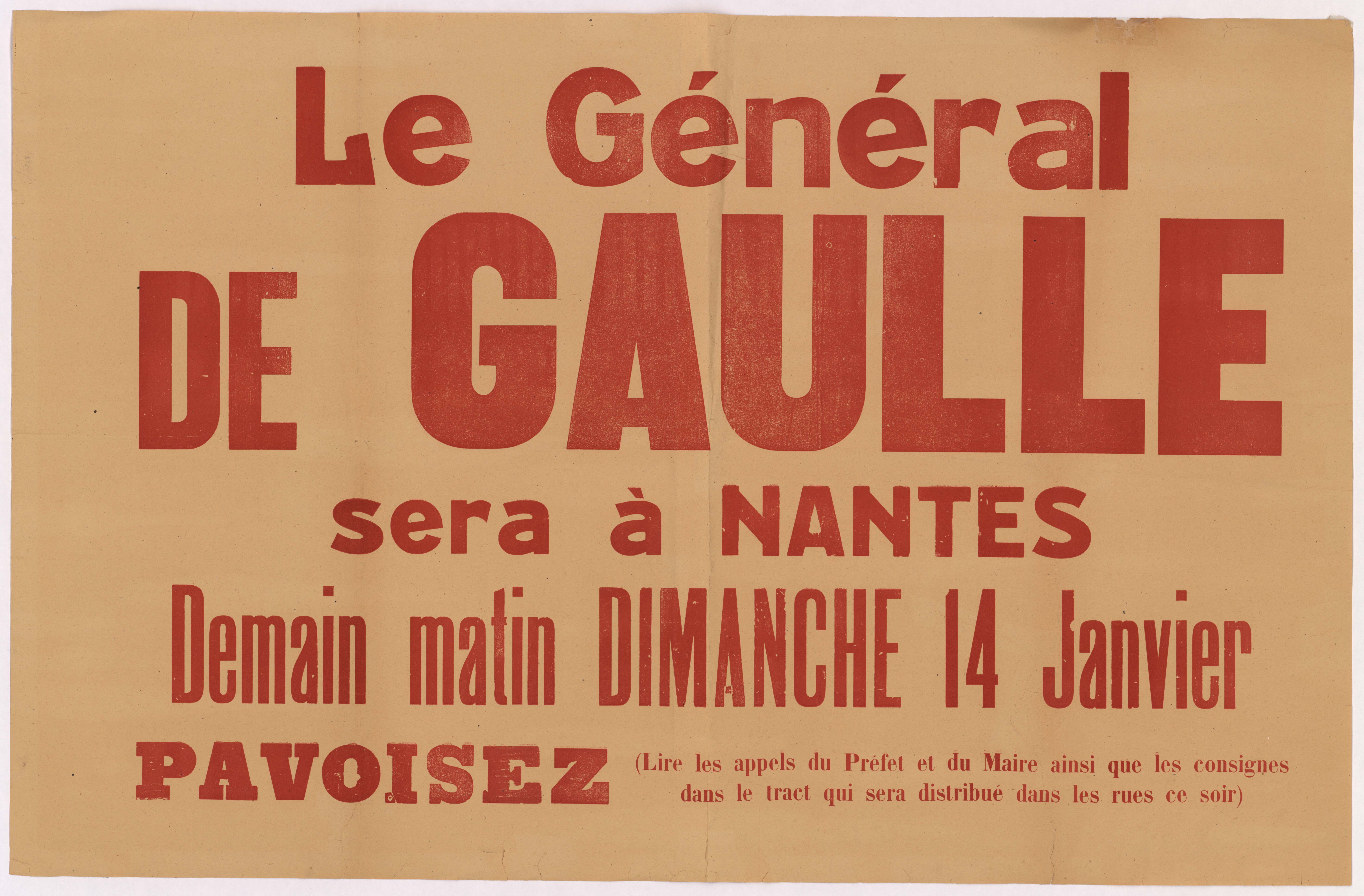 Appel aux Nantais à pavoiser pour la venue du général De Gaulle le 14 janvier 1945 (6Fi6955)