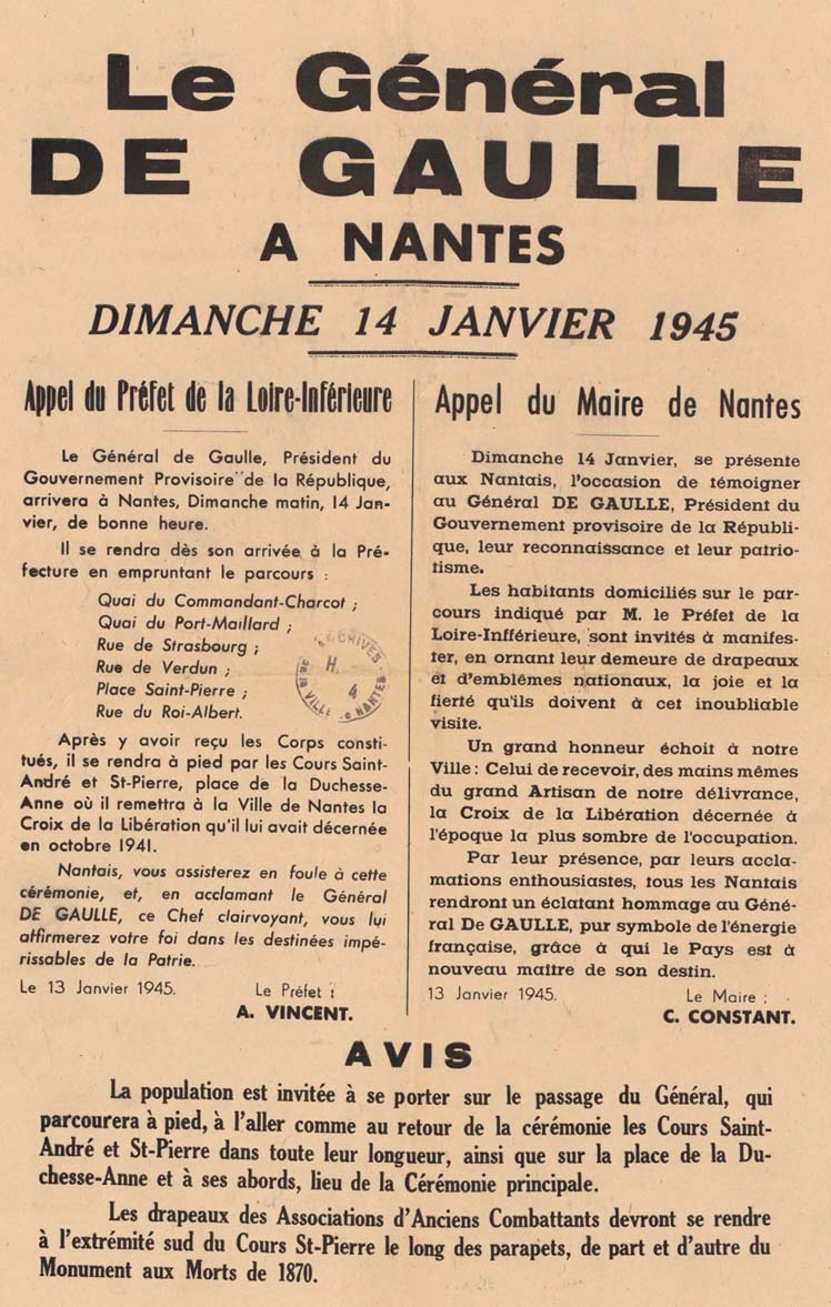 Affiche annonçant la venue du général De Gaulle le 14 janvier 1945 (6Fi9784)