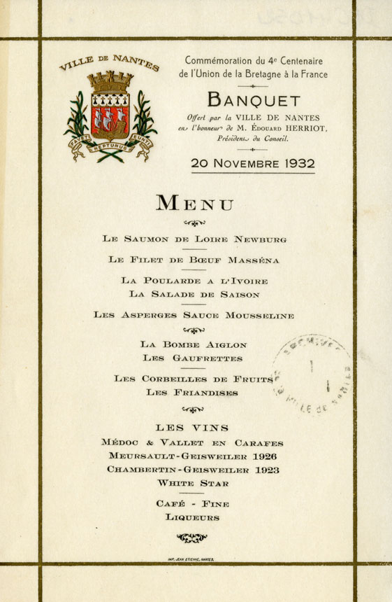 Menu du banquet offert par la Ville de Nantes en l'honneur du président du Conseil (I1C41D52)