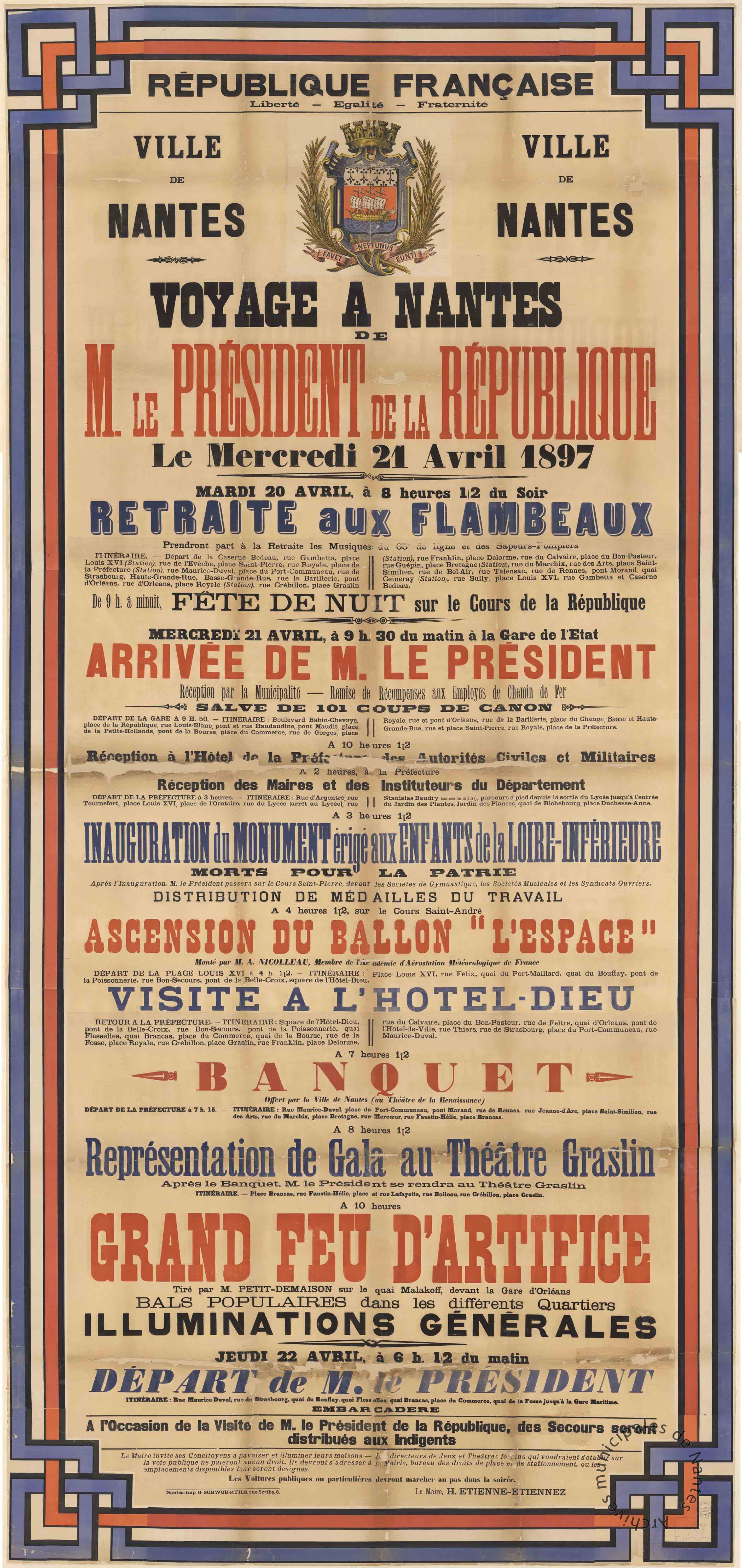 Affiche annonçant les festivités organisées à Nantes pour la venue de Félix Faure le 21 avril 1897 (6Fi652)