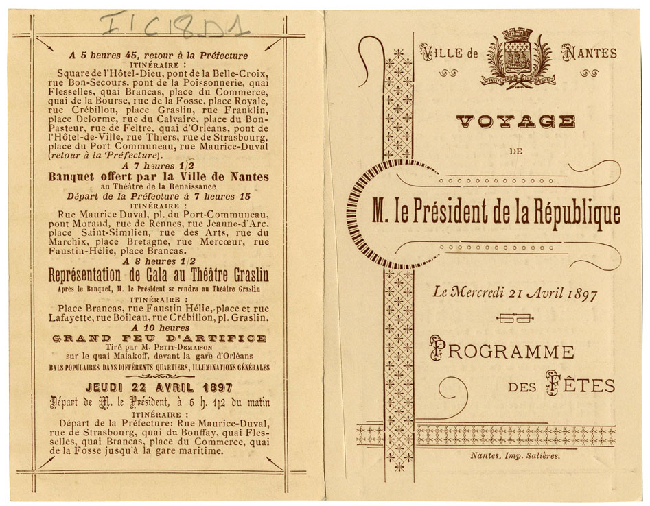 Programme et parcours de la visite de Félix Faure à Nantes en 1897, recto (I1C18D1)