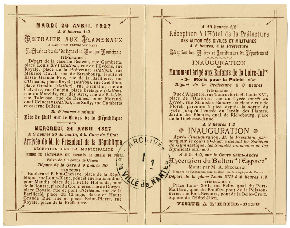Programme et parcours de la visite de Félix Faure à Nantes en 1897, verso (I1C18D1)