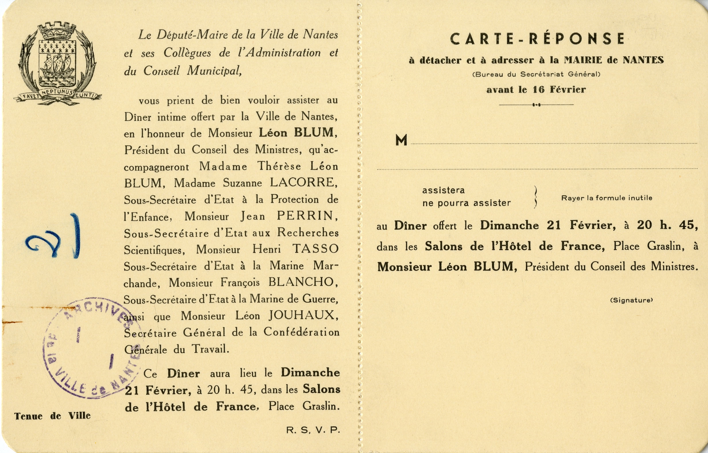 Invitation au dîner offert par la Ville de Nantes en l'honneur de Léon Blum, le 21 février 1937 (I1C20D31)