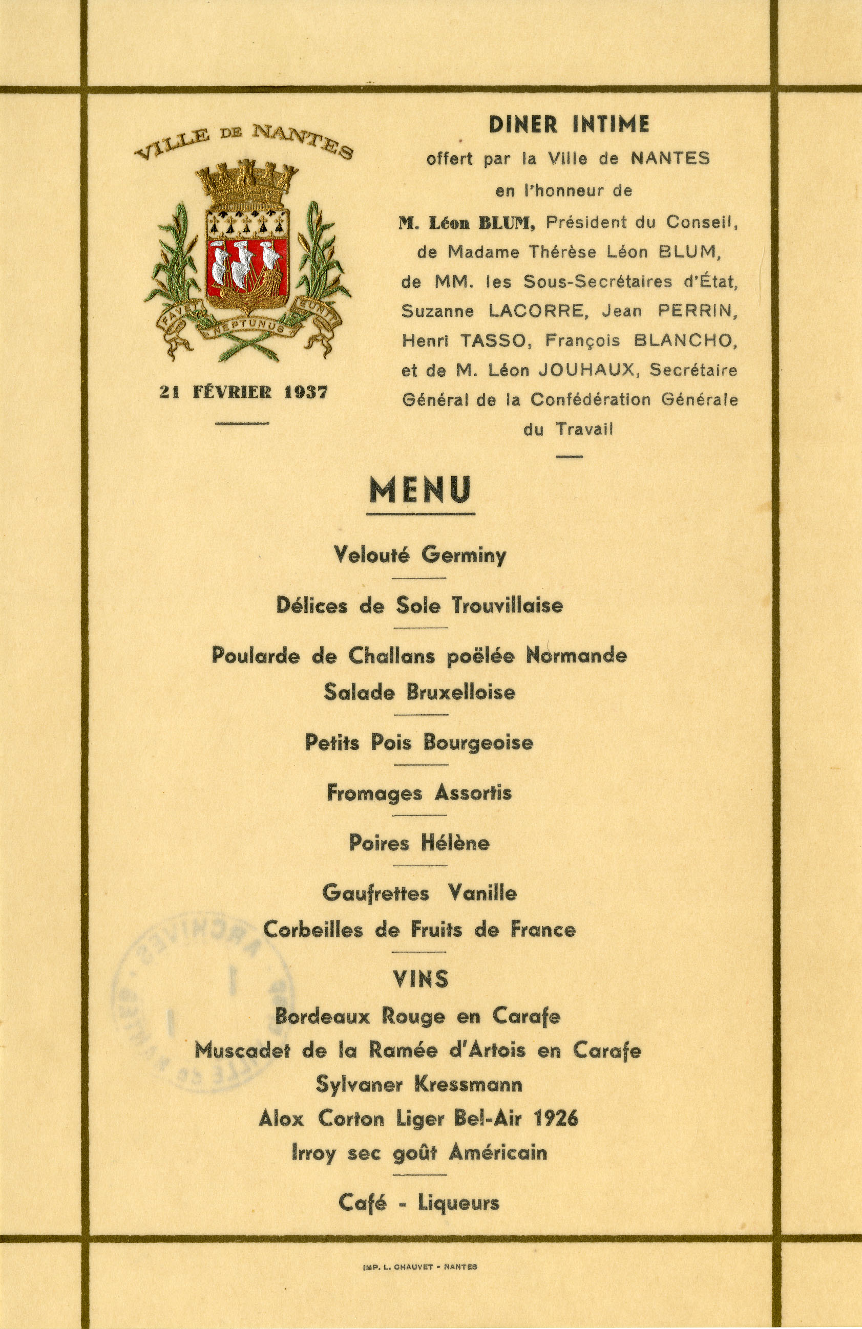 Menu du dîner offert par la Ville de Nantes en l'honneur de Léon Blum, le 21 février 1937 (I1C20D31)