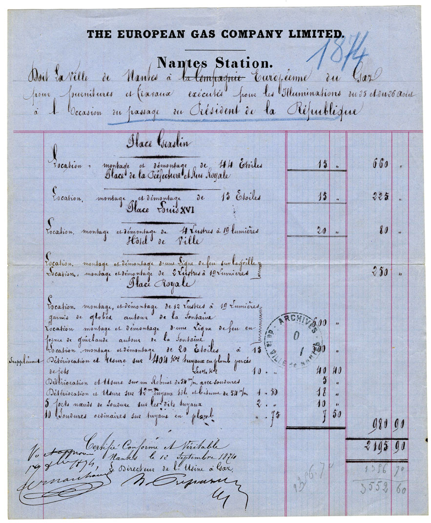 Facture des illuminations de la ville de Nantes pour la venue du président Mac-Mahon en 1874 (I1C17D3)