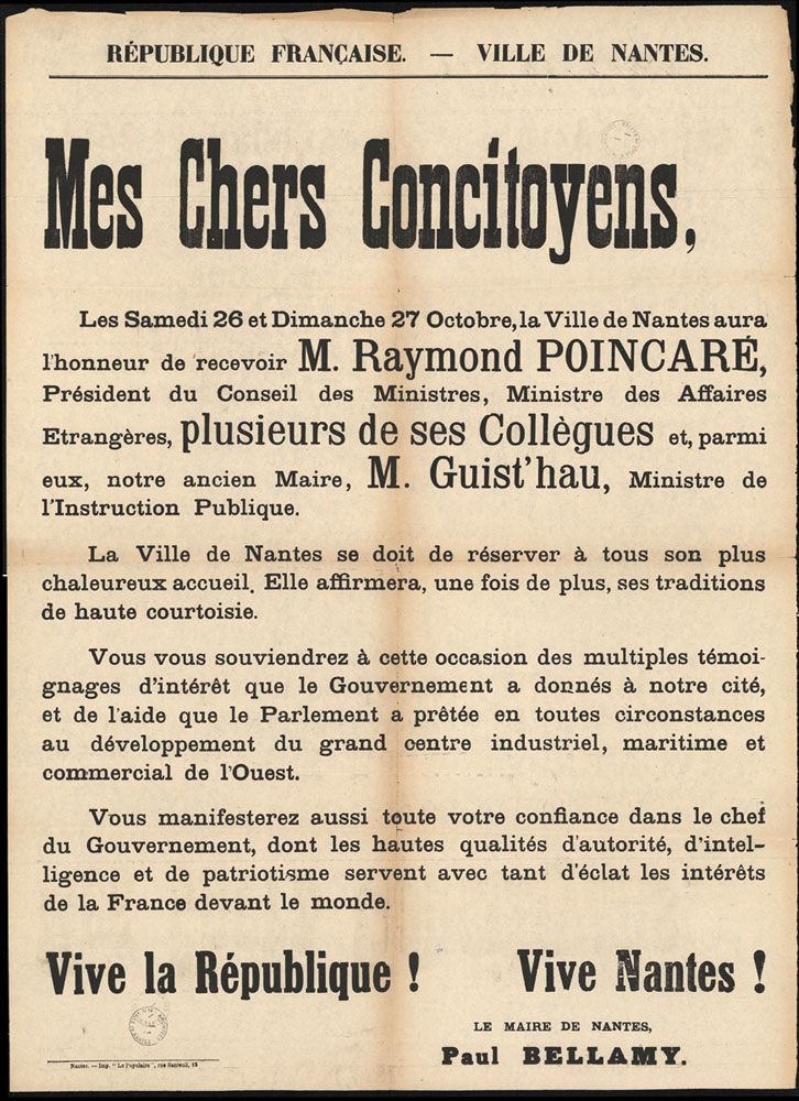 Affiche de la mairie de Nantes annonçant la venue de Raymond Poincaré, président du Conseil, en octobre 1912 (6Fi3221)