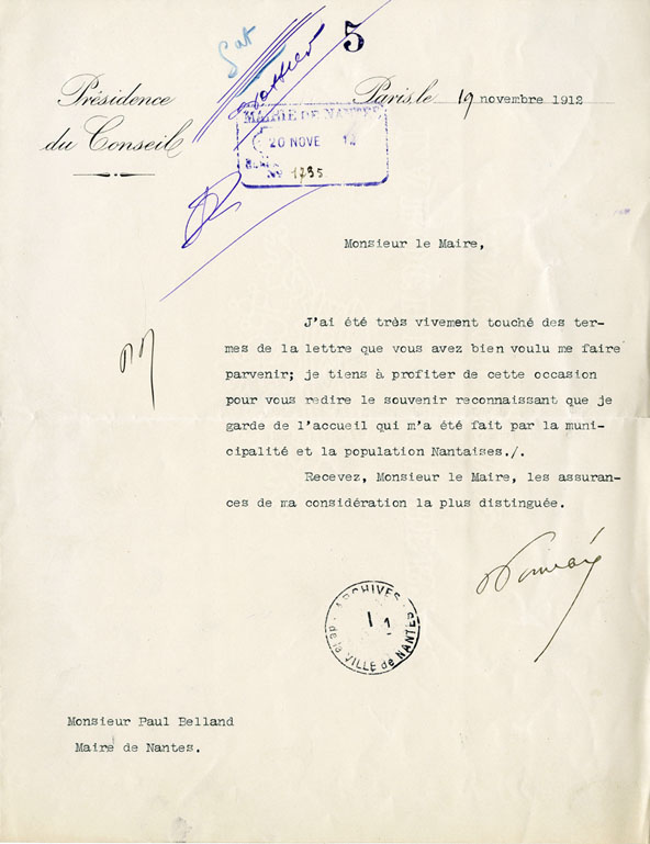 Lettre de Raymond Poincaré, remerciant le maire de Nantes de son accueil (I1C19D4)
