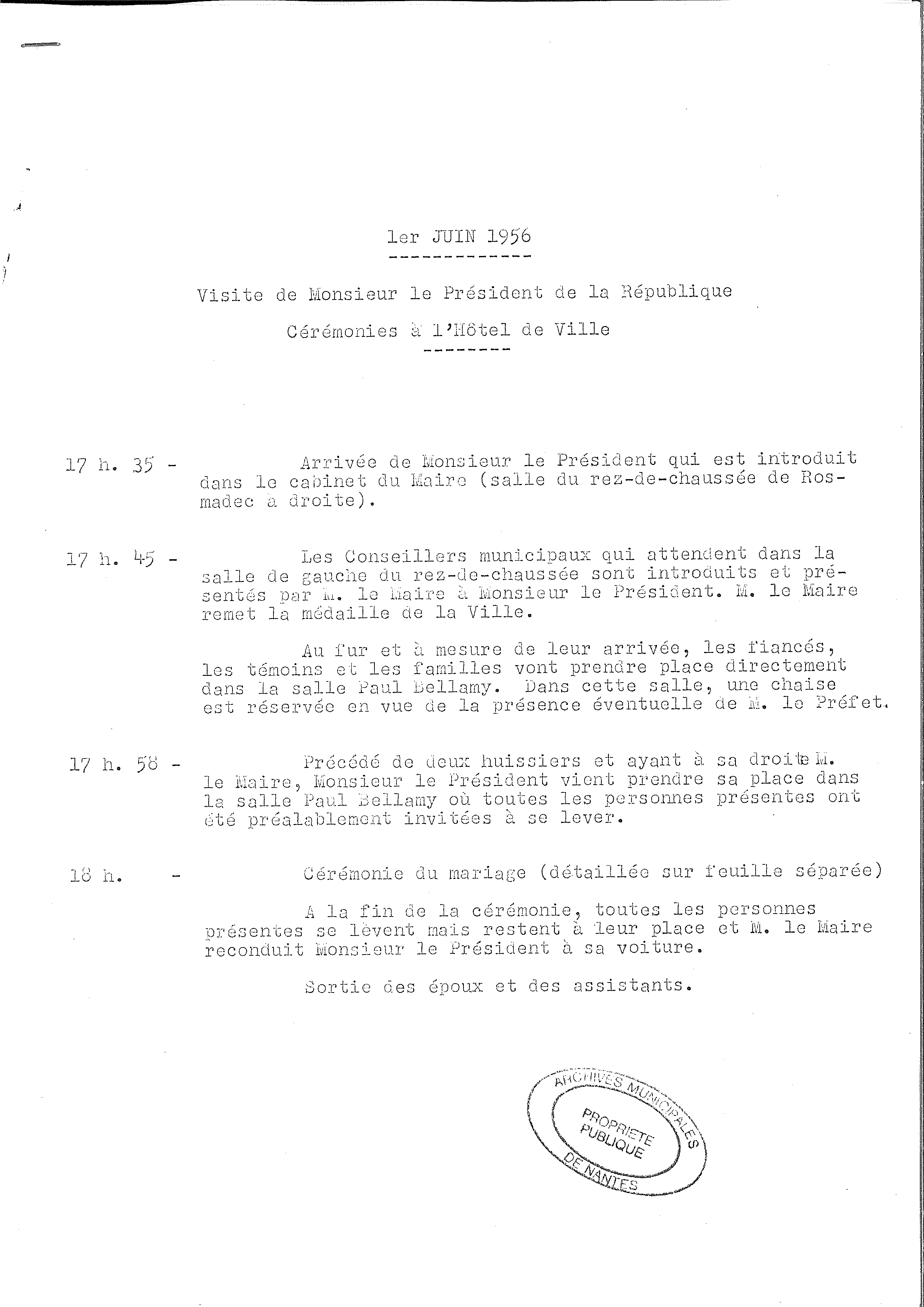 Organisation prévue par la Municipalité pour la visite de René Coty à l'Hôtel de Ville le 1er juin 1956 (1136W3)