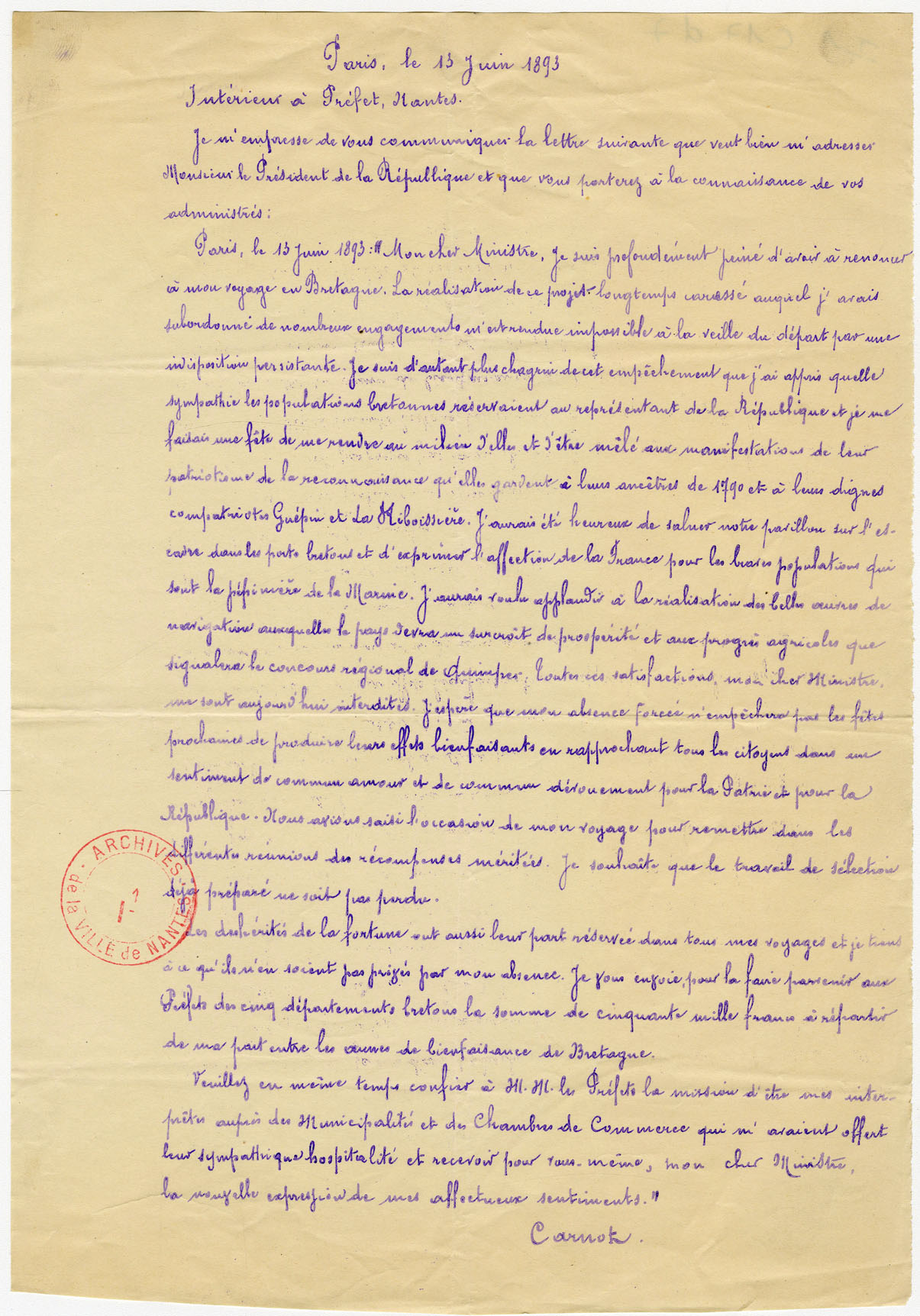 Lettre de Sadi Carnot annonçant l'annulation de sa visite à Nantes (I1C17D7)