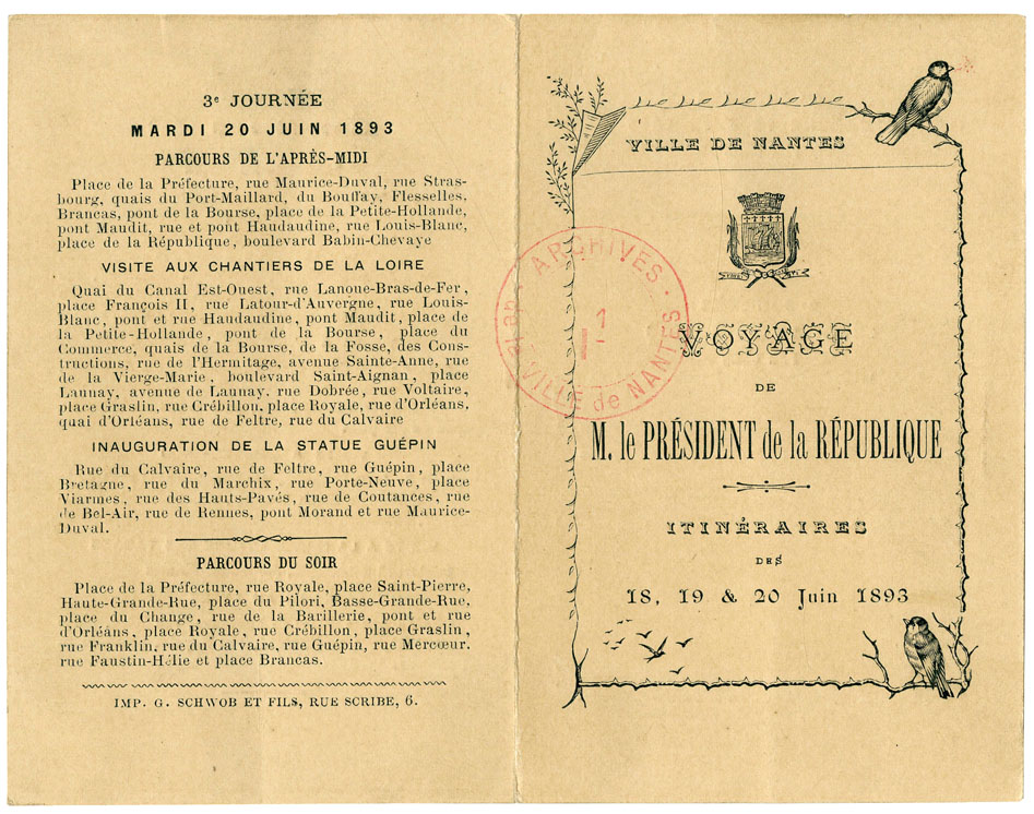 Programme et parcours de la visite prévue par Sadi Carnot à Nantes en juin 1893, recto (I1C17D7)
