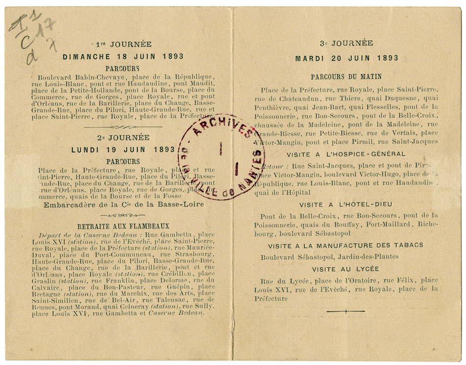Programme et parcours de la visite prévue par Sadi Carnot à Nantes en juin 1893, verso (I1C17D7)