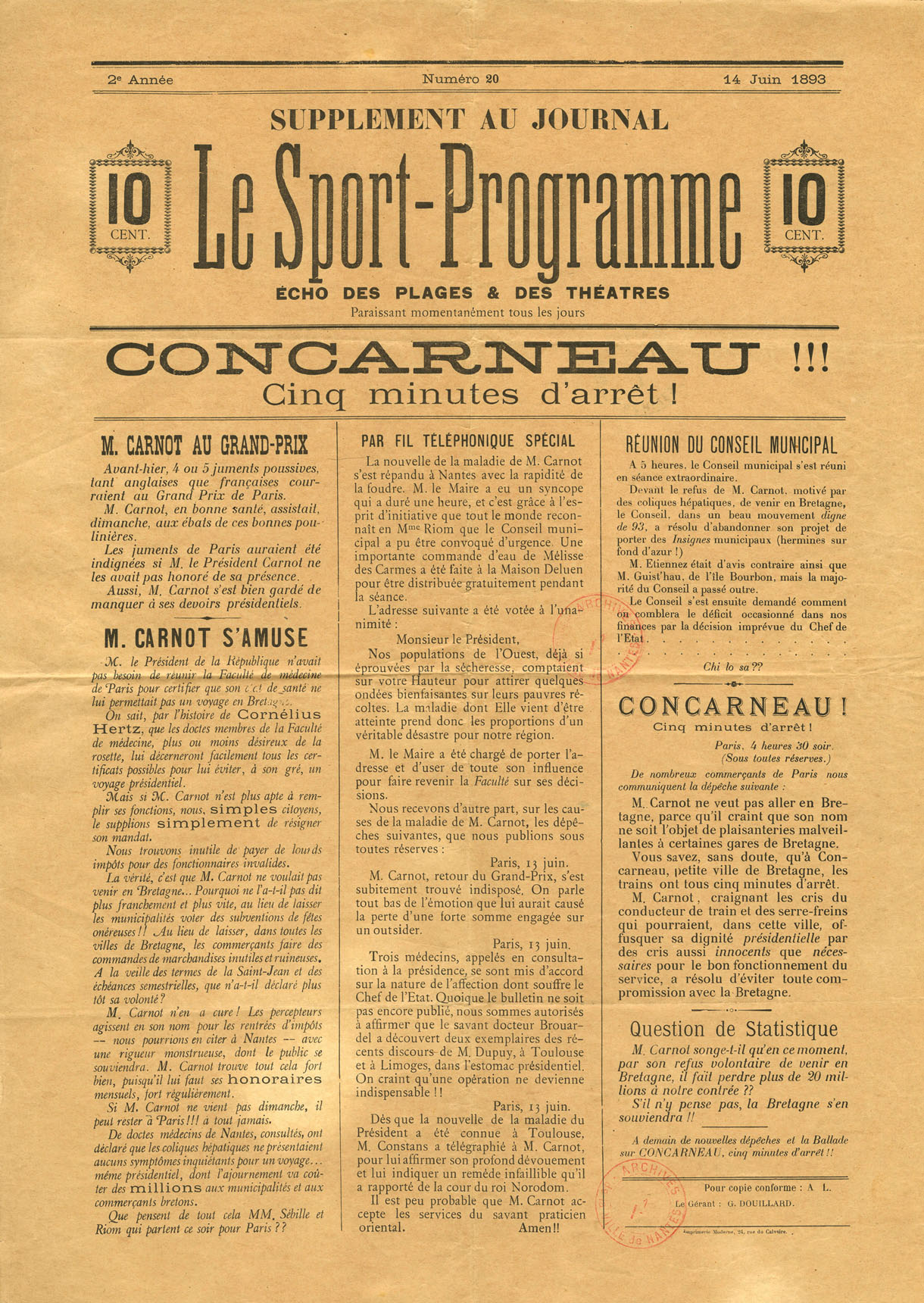 Une du journal Le Sport-Programme du 14 juin 1893 réagissant à l'annulation de la visite de Sadi Carnot en Bretagne (I1C17D7)