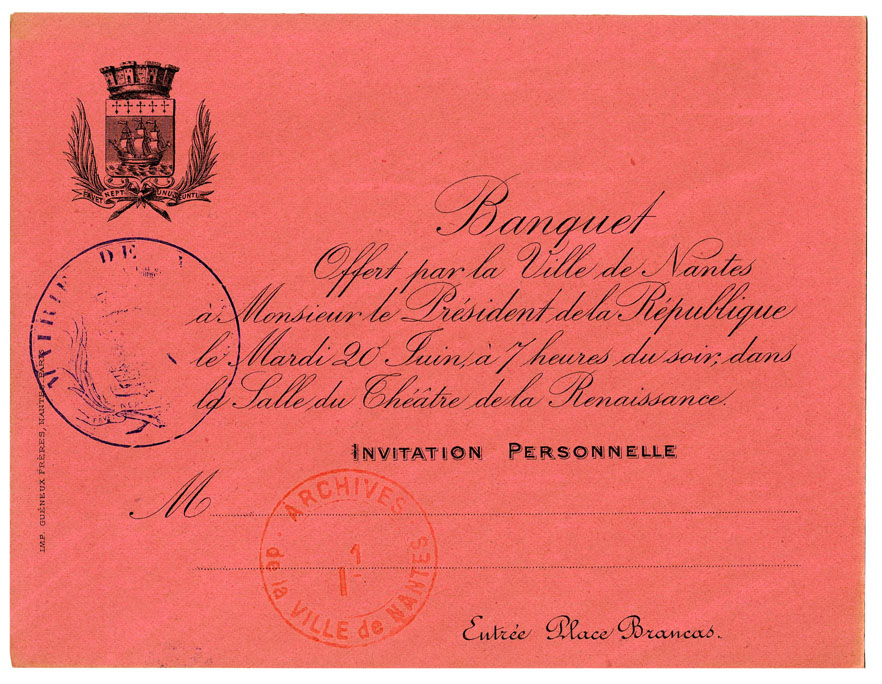 Carton d'invitation au banquet donné en l'honneur de Sadi Carnot le 20 juin 1893 (I1C17D9)