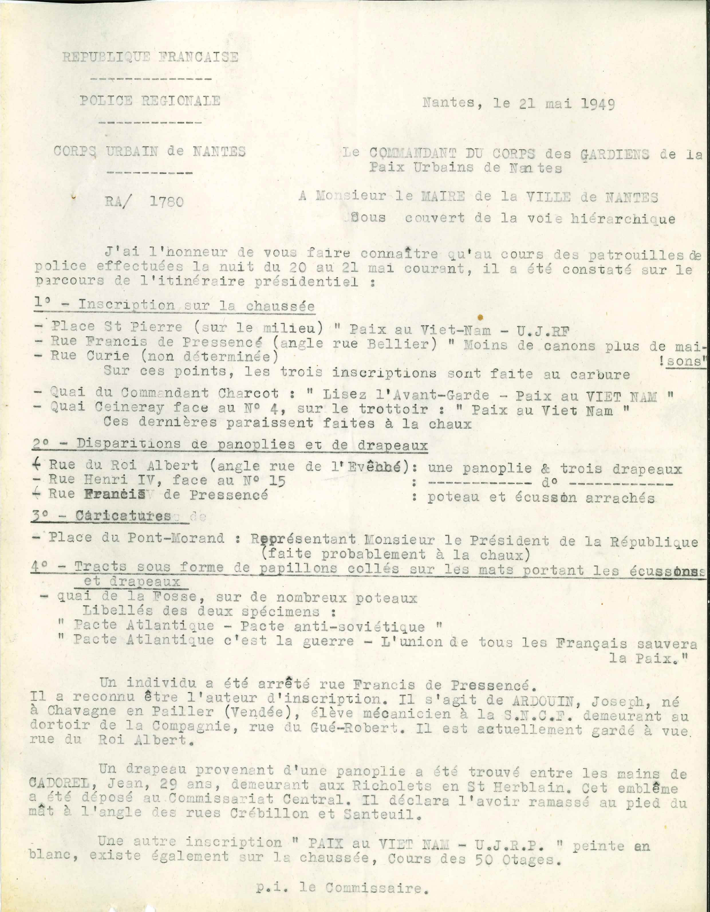 Rapport de police sur le parcours de l'itinéraire présidentiel (1116W32)