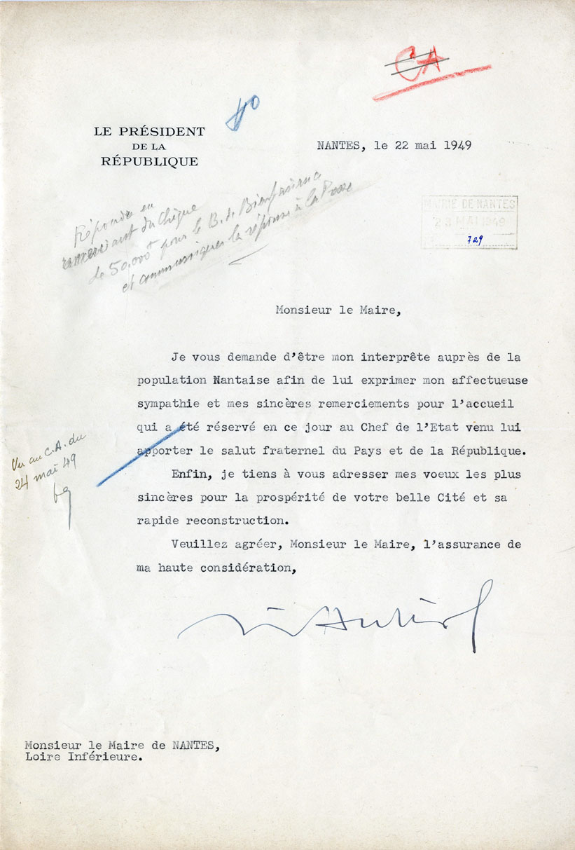 Lettre de remerciement de Vincent Auriol au maire de Nantes, datée du 22 mai 1949 (1222W6)