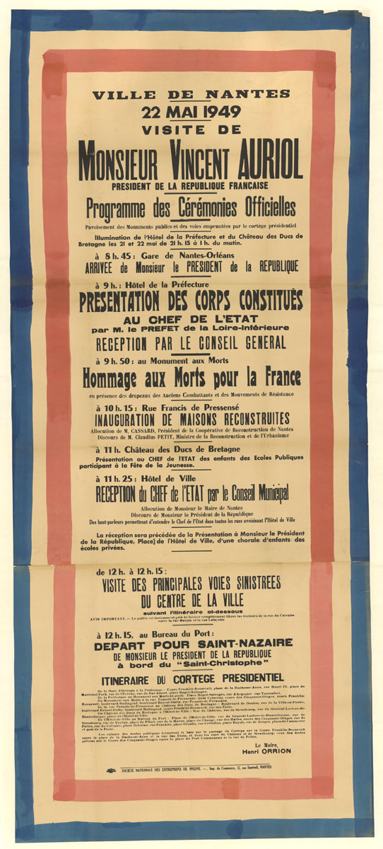Programme de la visite de Vincent Auriol le 22 mai 1949 (6Fi9280)