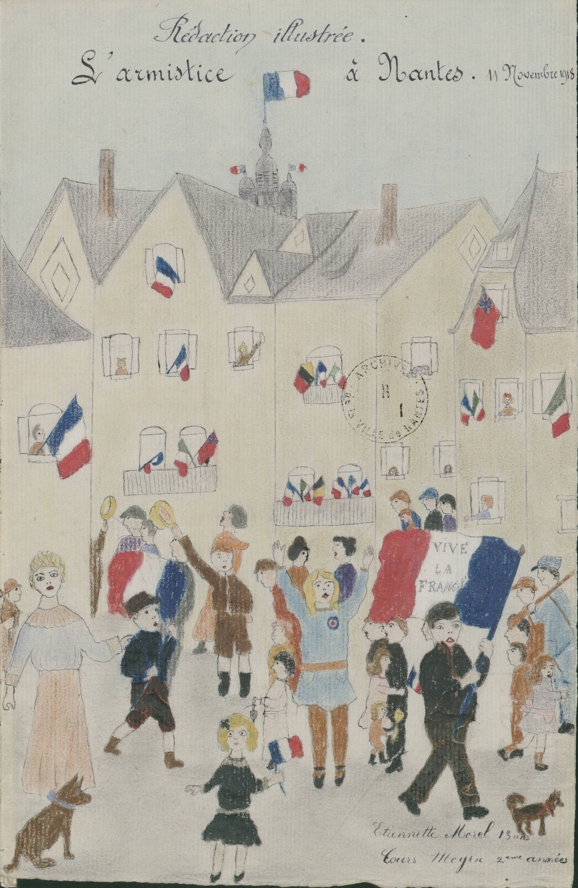 Dessin d'une élève des écoles de Nantes illustrant les manifestations patriotiques le 11 novembre 1918 (1R20)